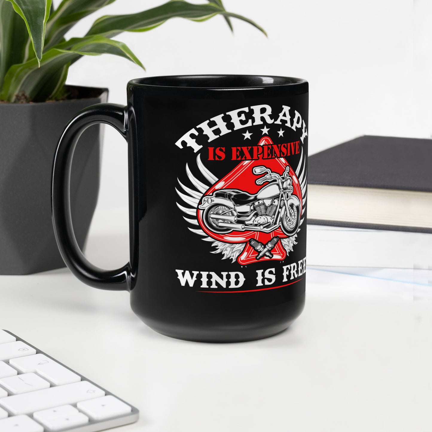 Therapy Is Expensive Wind Is Free Black Glossy Mug Handle On Left 15 oz - Simple Designs LLC