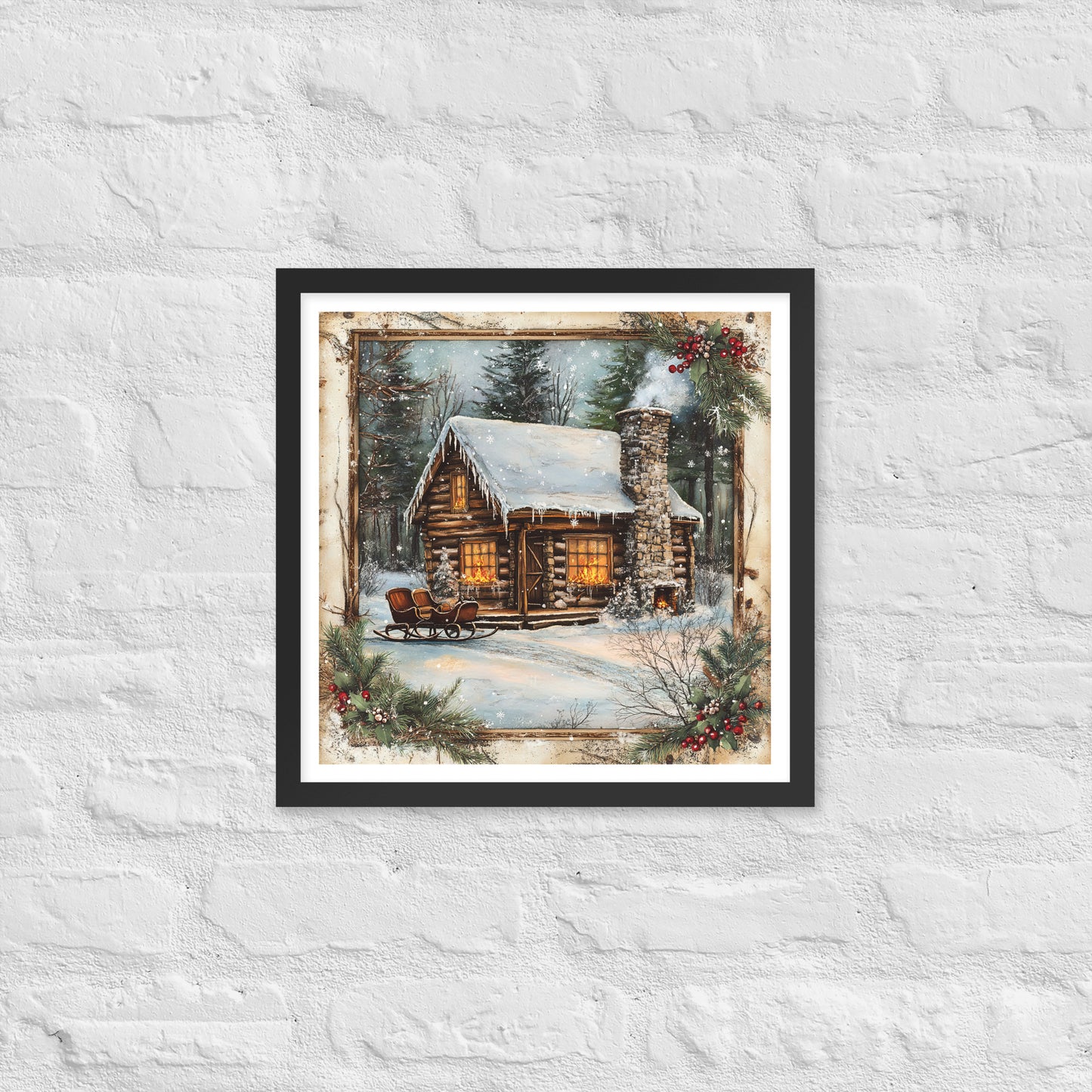 Vintage Christmas Cabin Style 9 Framed Poster In Black - Simple Designs LLC