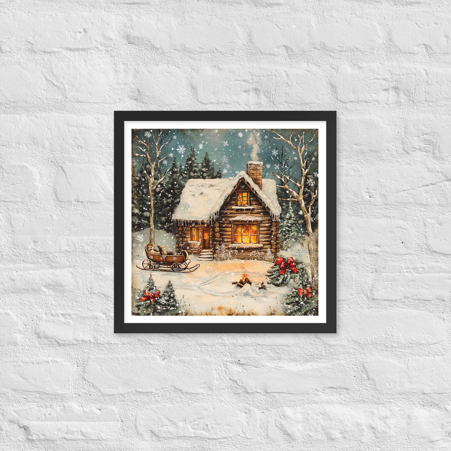 Vintage Christmas Cabin Style 8 Framed Poster In Black - Simple Designs LLC