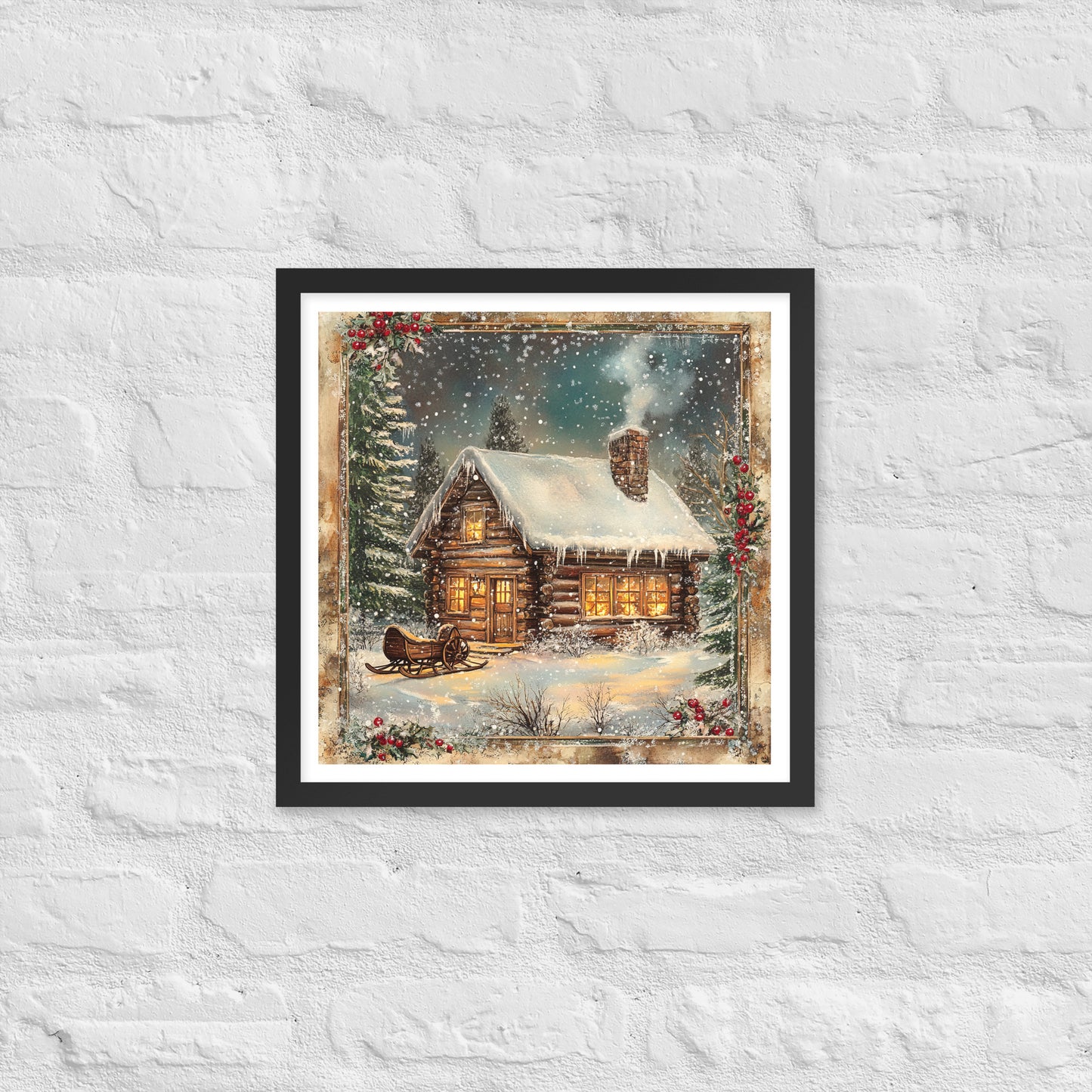 Vintage Christmas Cabin Style 6 Framed Poster In Black - Simple Designs LLC