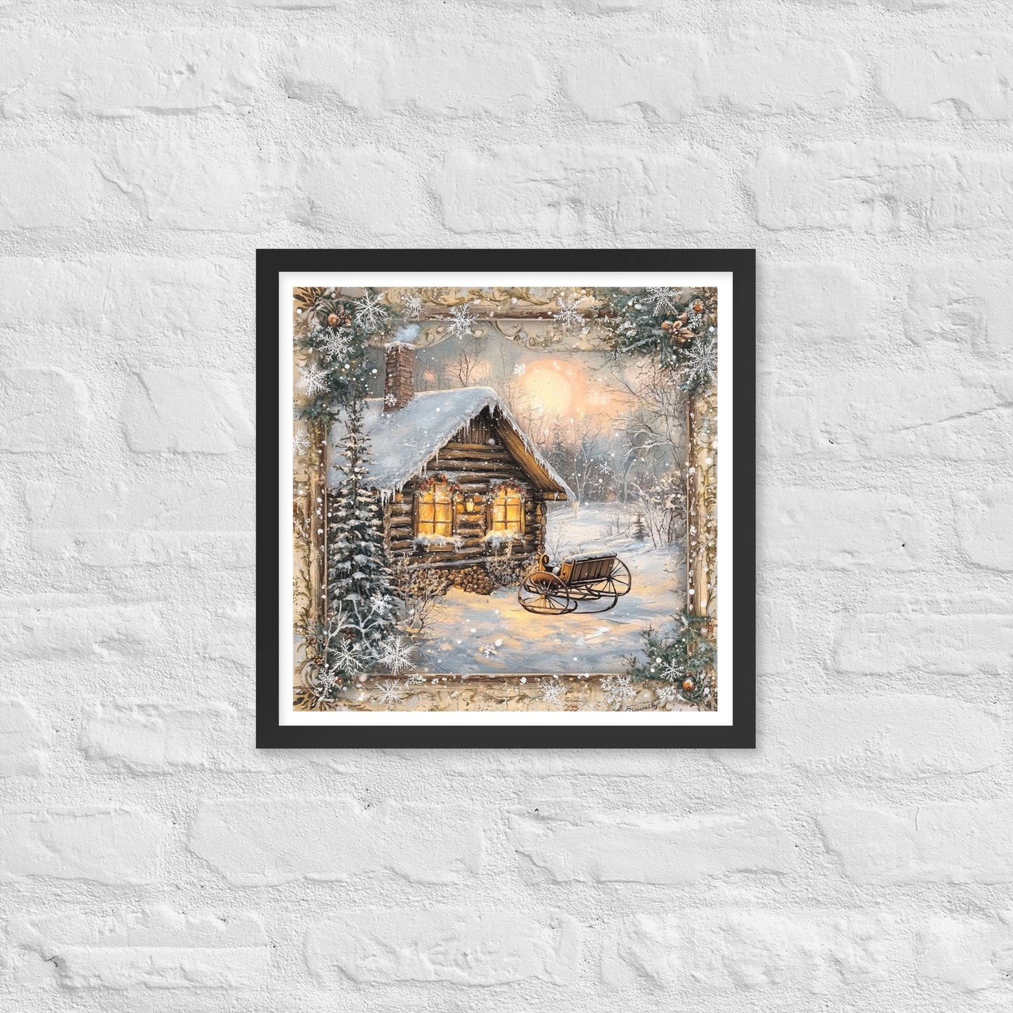 Vintage Christmas Cabin Style 1 Framed Poster In Black - Simple Designs LLC