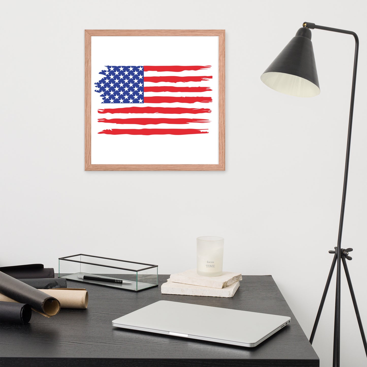 American Flag Style 1 framed poster by Simple Designs LLC featuring a patriotic USA flag design in a matte red oak wood frame.