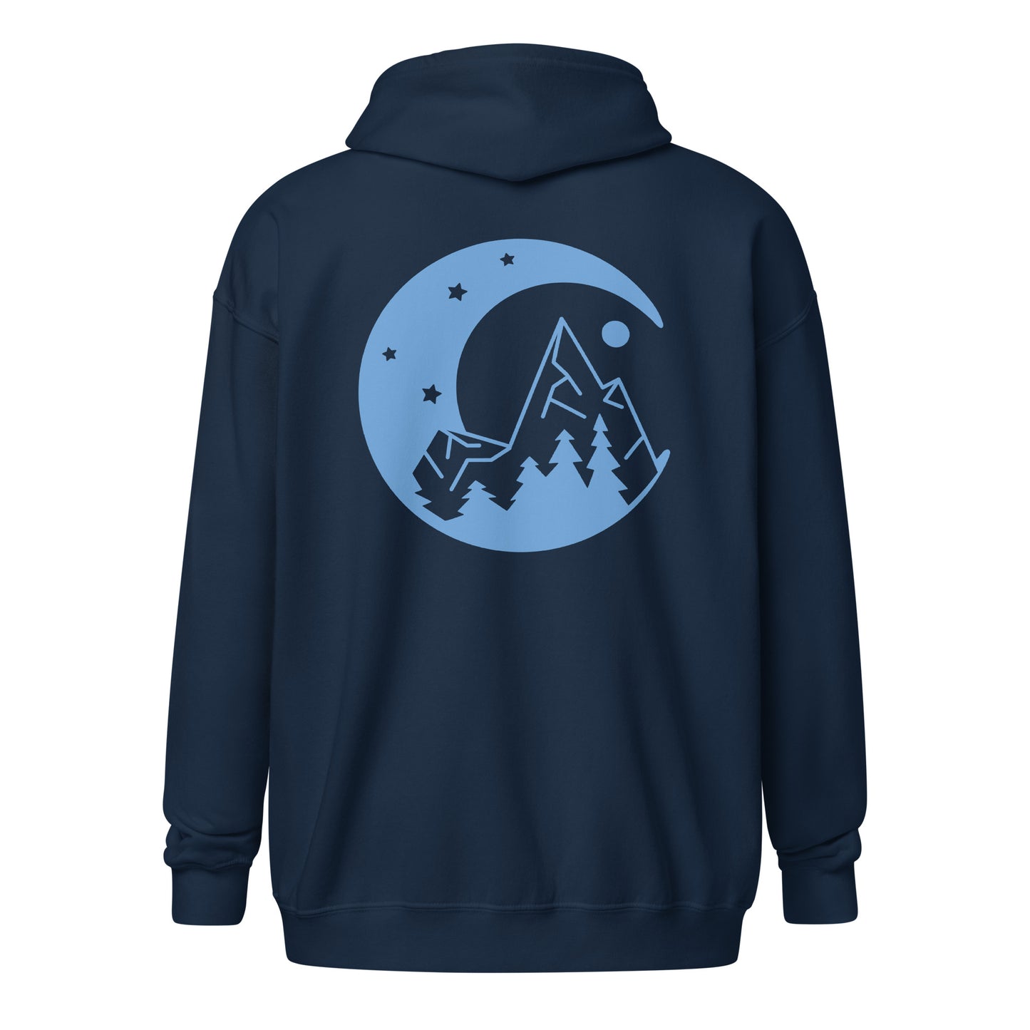 Moon and Mountain at Night Unisex Heavy Blend Zip Hoodie Navy Back - Simple Designs LLC