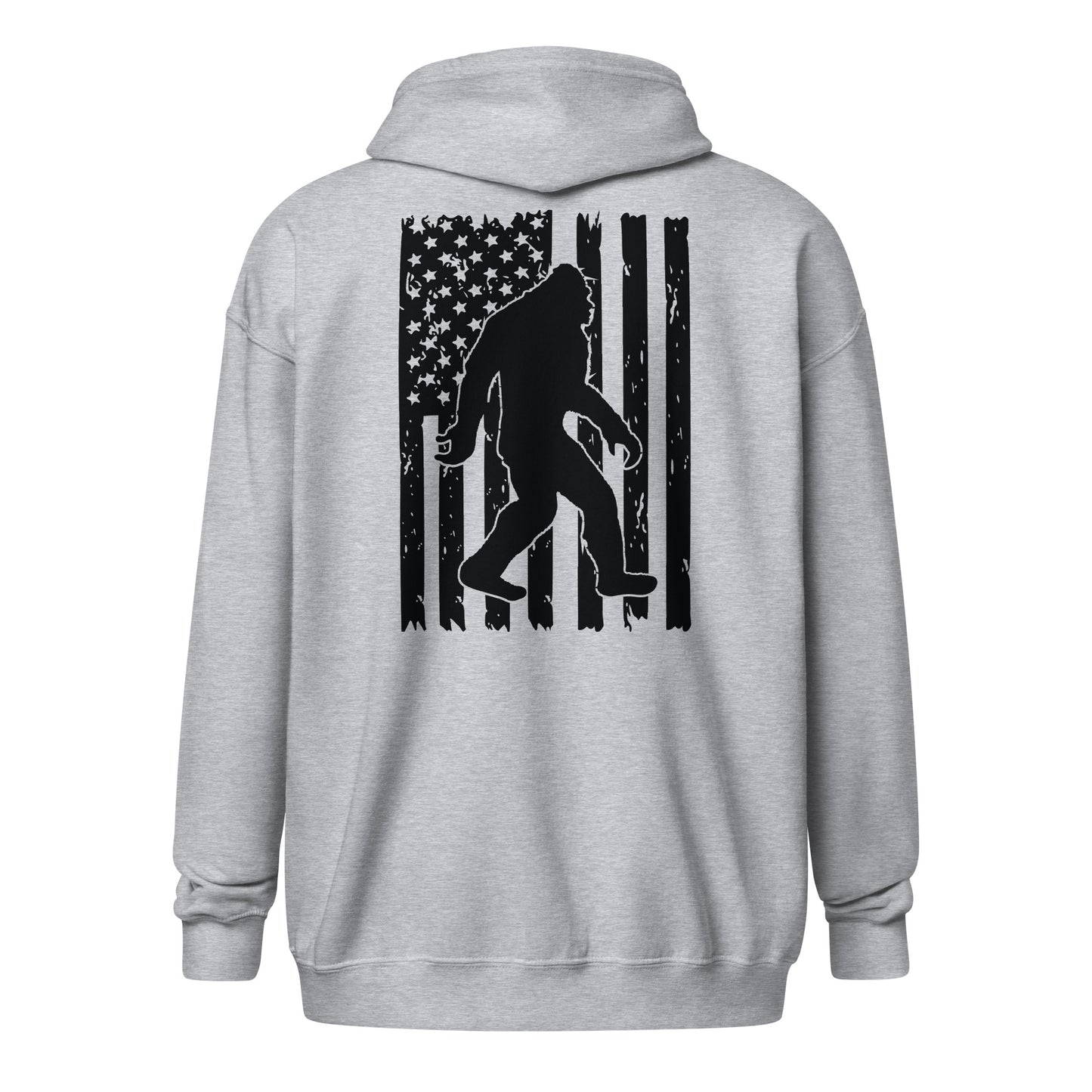 Bigfoot American Flag Zip Hoodie Sport Grey Back - Simple Designs LLC
