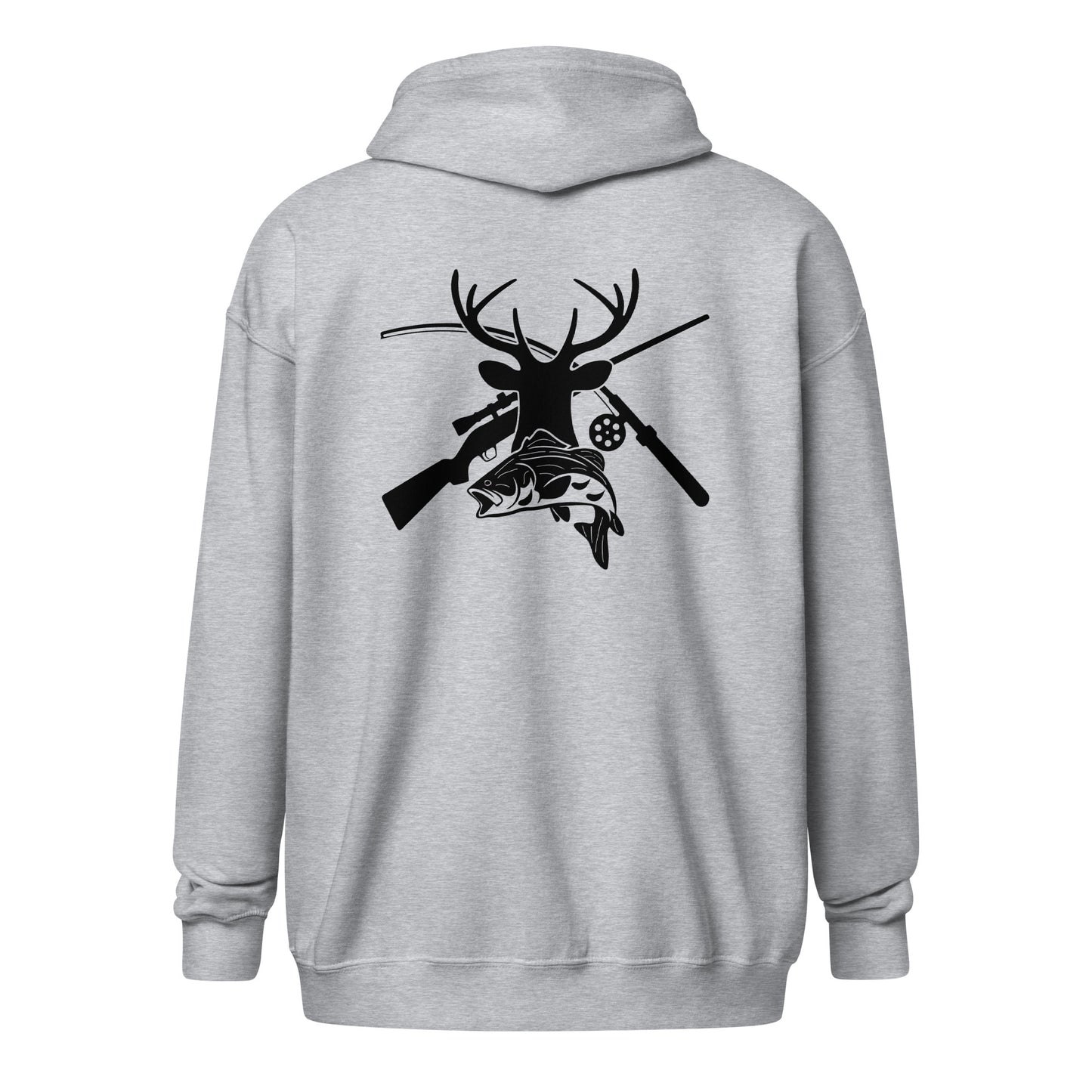 Hunt Fish Silhouette Unisex Heavy Blend Zip Hoodie Sport Grey Back - Simple Designs LLC