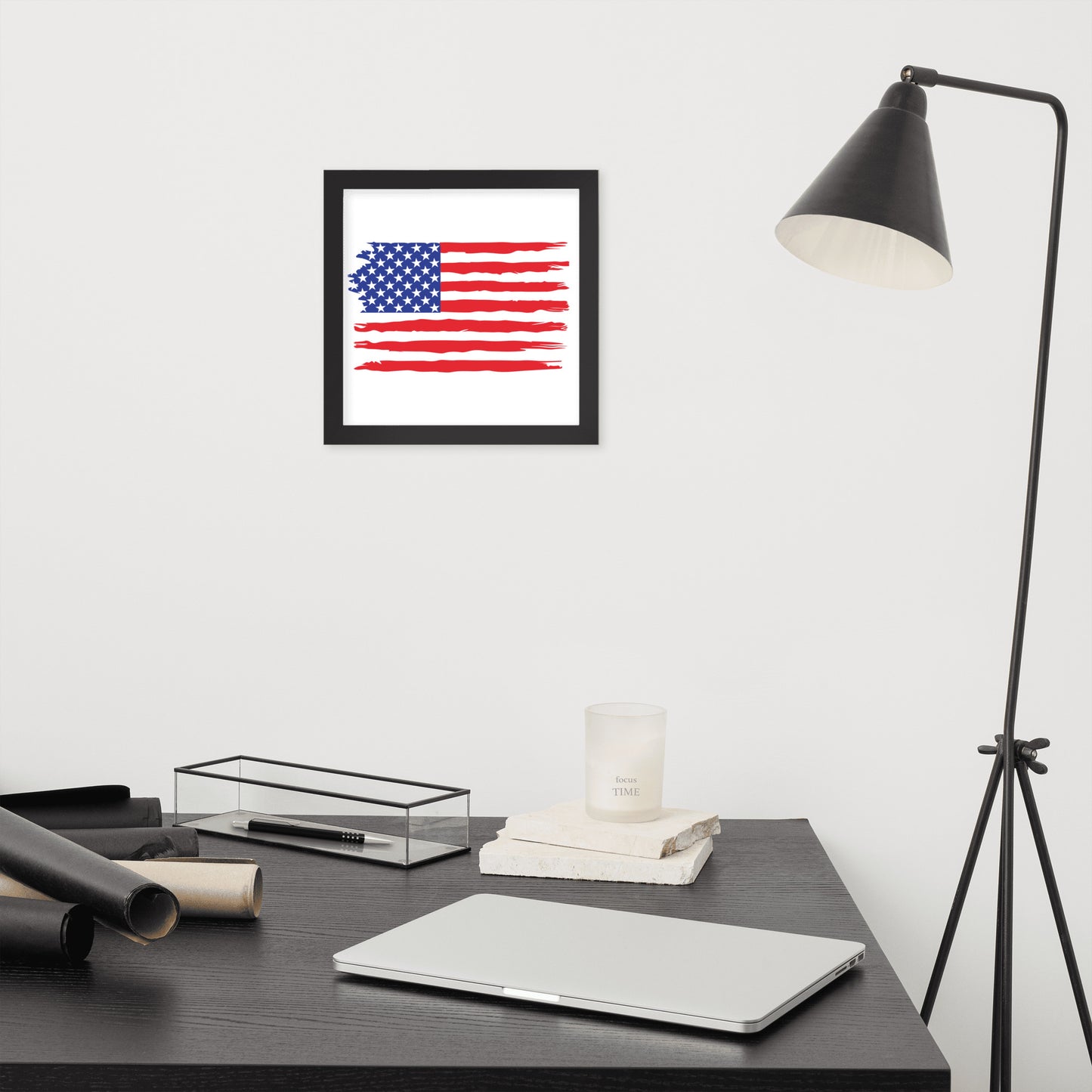 American Flag Style 1 framed poster by Simple Designs LLC featuring a patriotic USA flag design in a matte black wood frame.