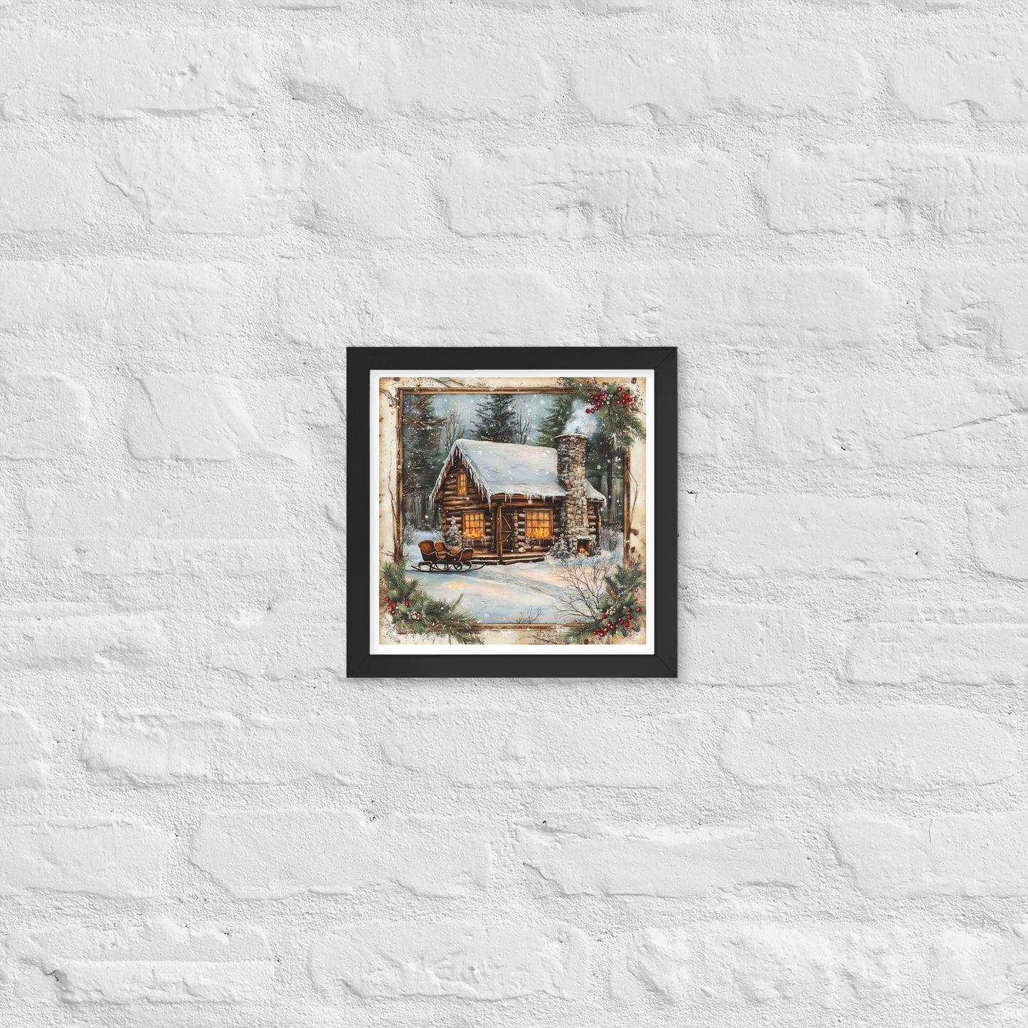 Vintage Christmas Cabin Style 9 Framed Poster In Black - Simple Designs LLC