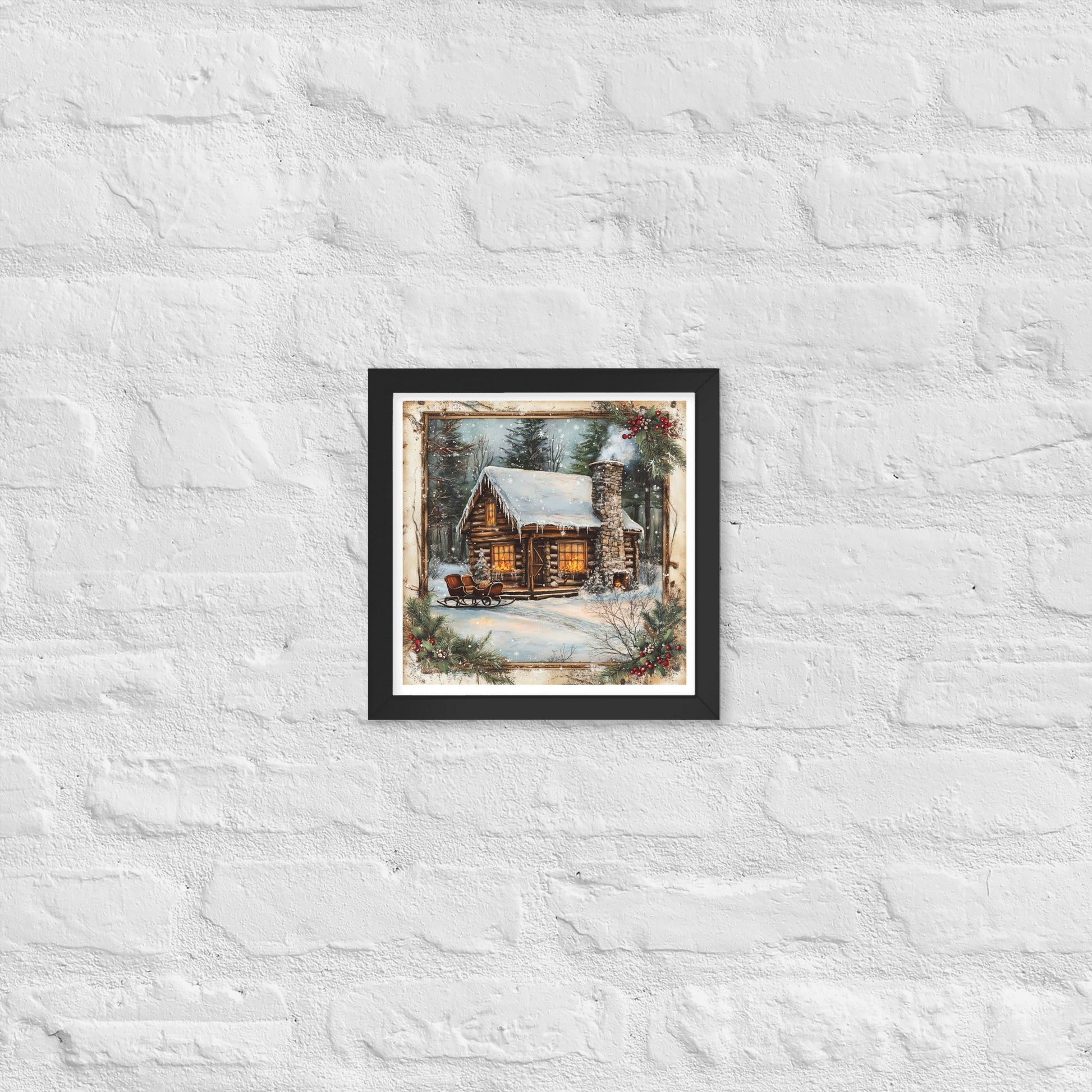 Vintage Christmas Cabin Style 9 Framed Poster In Black - Simple Designs LLC