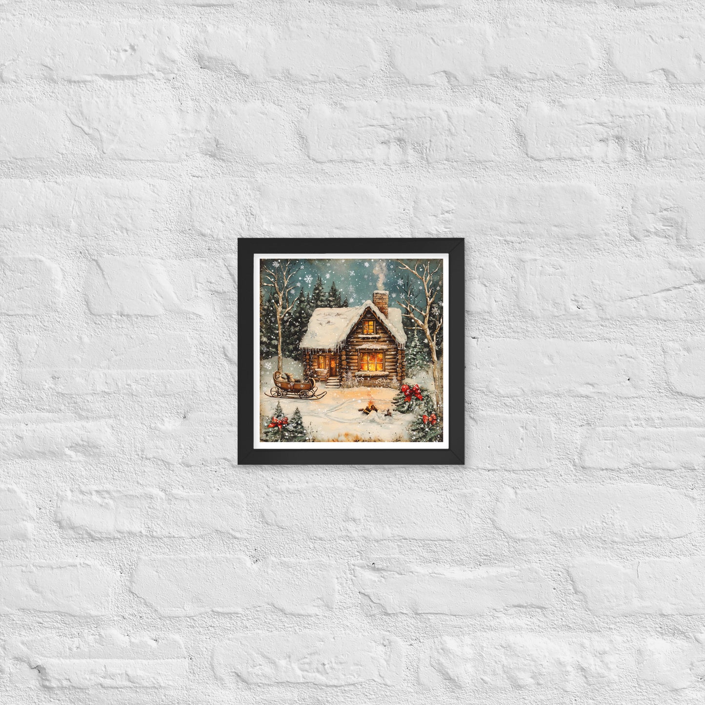 Vintage Christmas Cabin Style 8 Framed Poster In Black - Simple Designs LLC