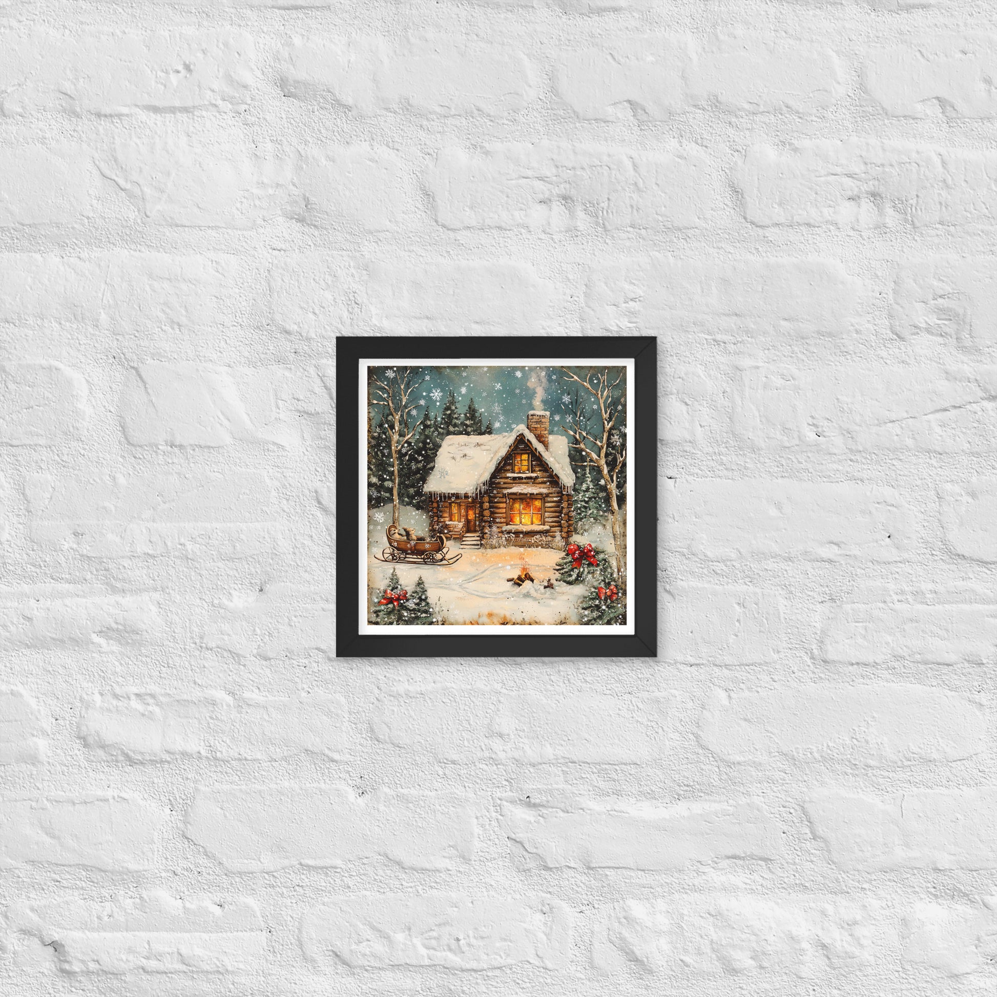 Vintage Christmas Cabin Style 8 Framed Poster In Black - Simple Designs LLC