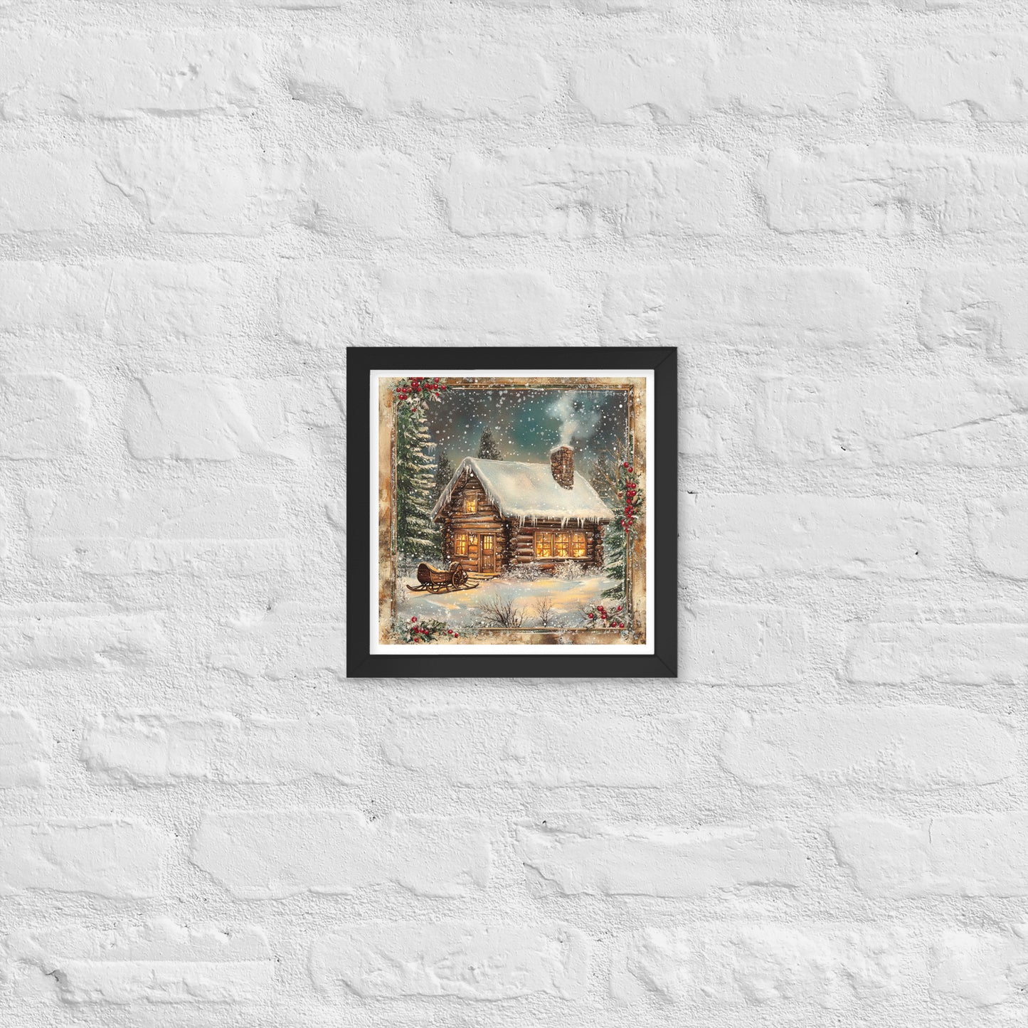 Vintage Christmas Cabin Style 6 Framed Poster In Black - Simple Designs LLC