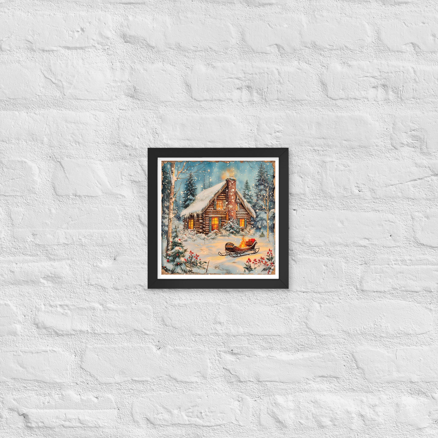 Vintage Christmas Cabin Style 5 Framed Poster In Black - Simple Designs LLC