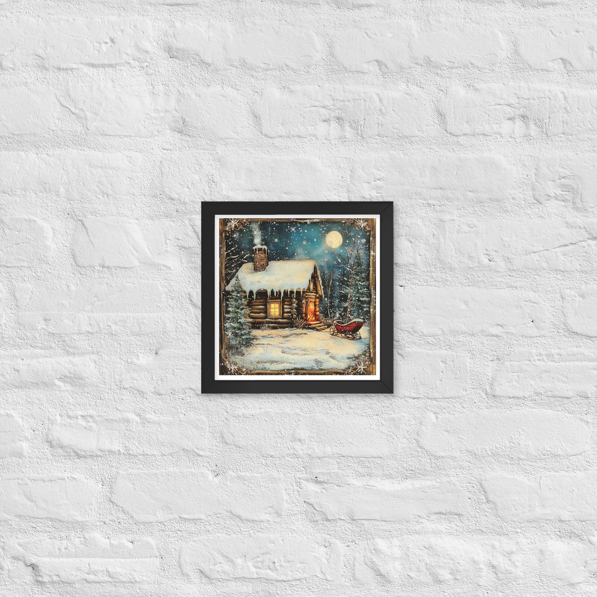Vintage Christmas Cabin Style 2 Framed Poster In Black - Simple Designs LLC