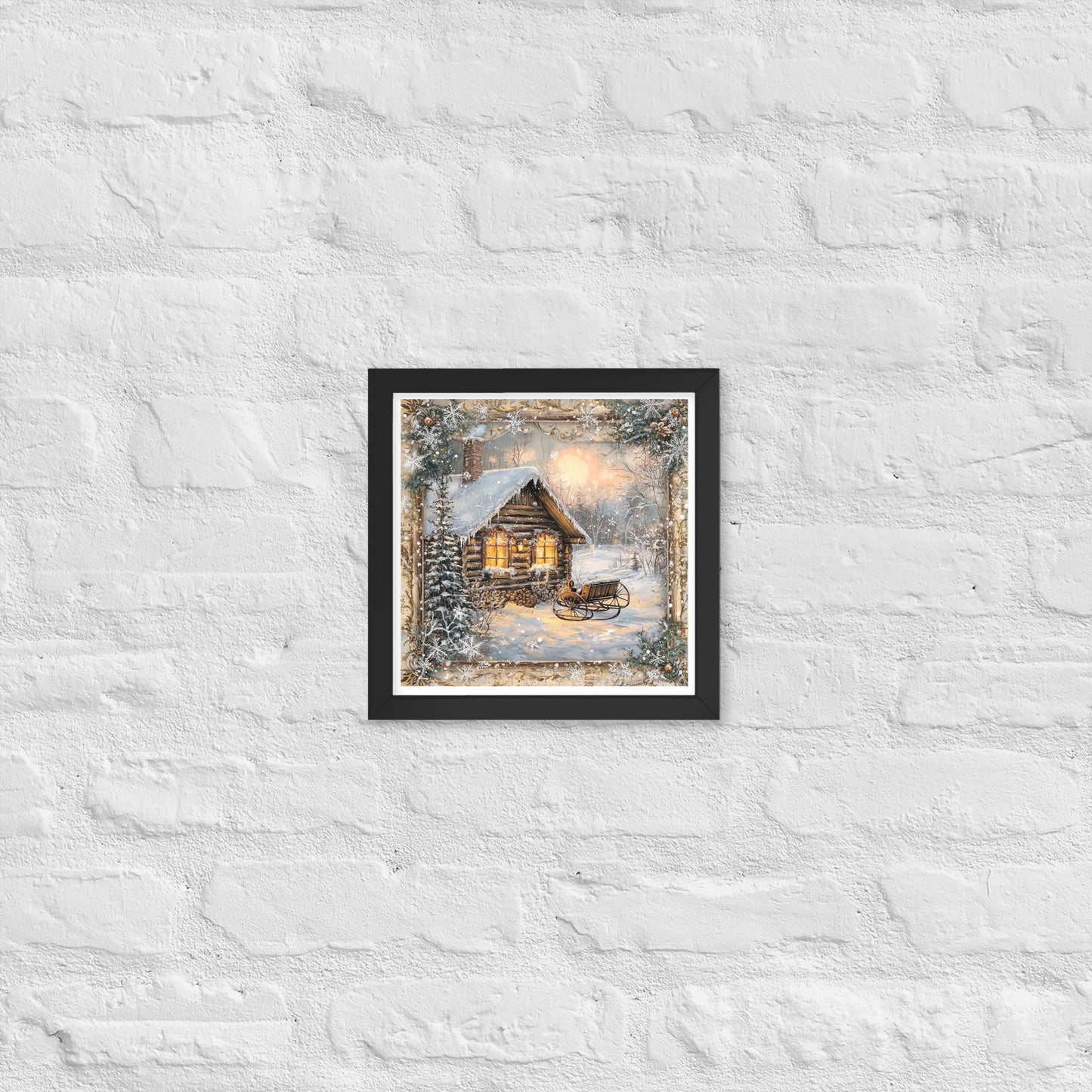 Vintage Christmas Cabin Style 1 Framed Poster In Black - Simple Designs LLC