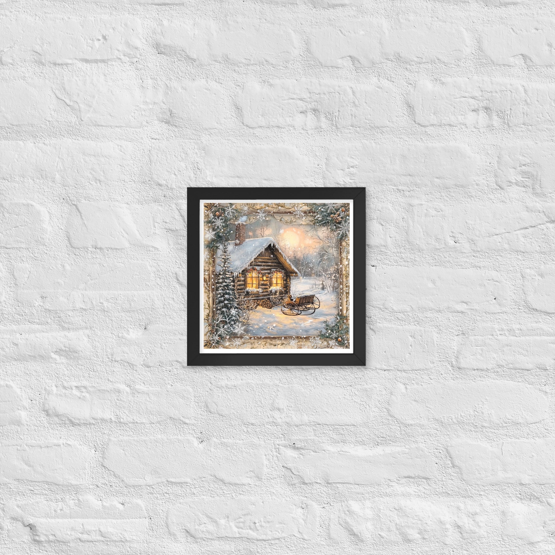 Vintage Christmas Cabin Style 1 Framed Poster In Black - Simple Designs LLC
