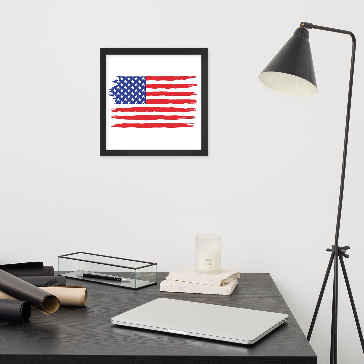 American Flag Style 1 framed poster by Simple Designs LLC featuring a patriotic USA flag design in a matte black wood frame.