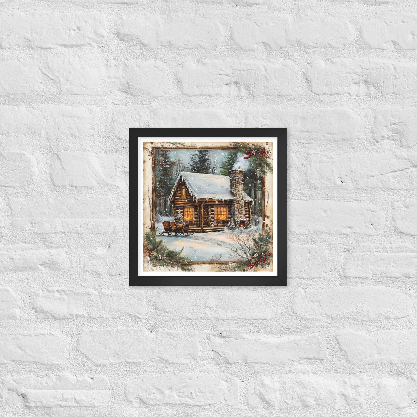Vintage Christmas Cabin Style 9 Framed Poster In Black - Simple Designs LLC