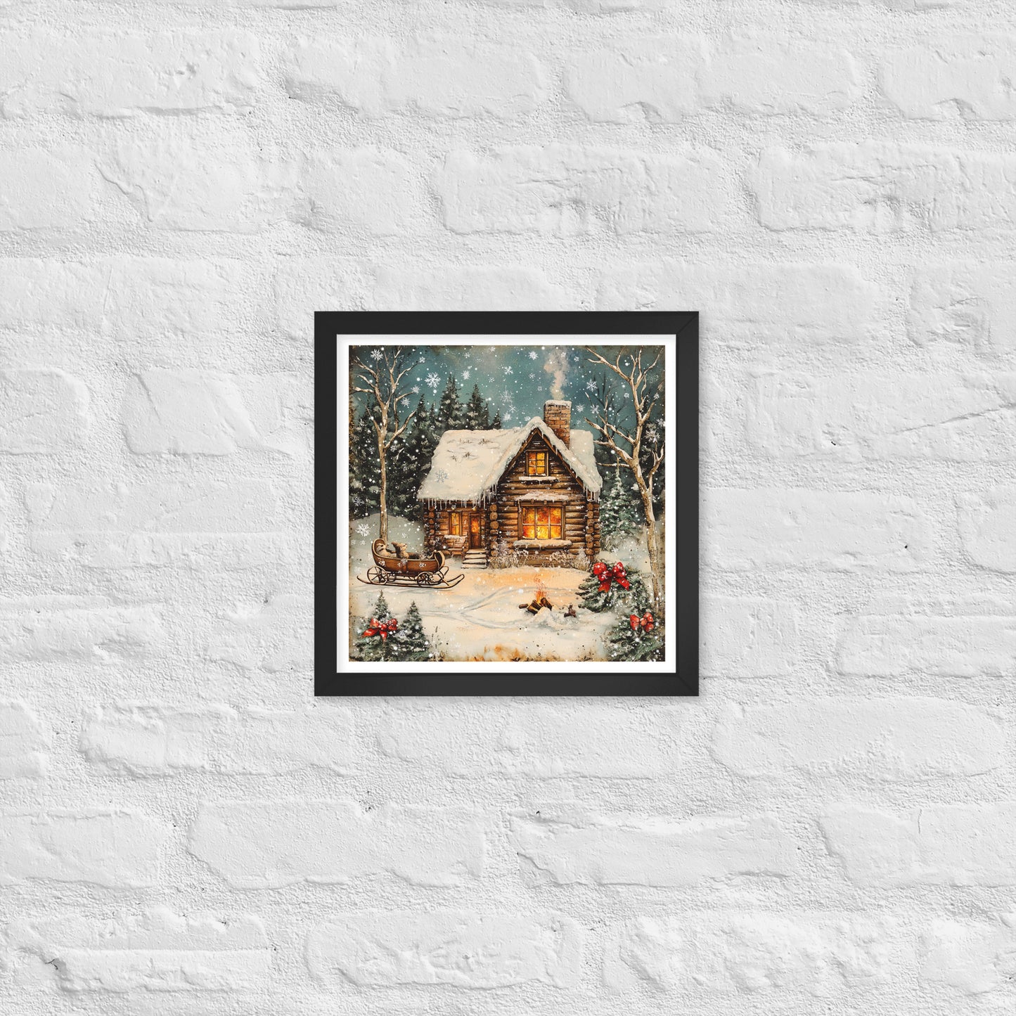 Vintage Christmas Cabin Style 8 Framed Poster In Black - Simple Designs LLC