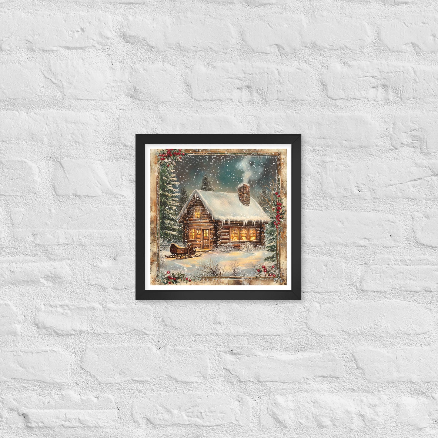 Vintage Christmas Cabin Style 6 Framed Poster In Black - Simple Designs LLC