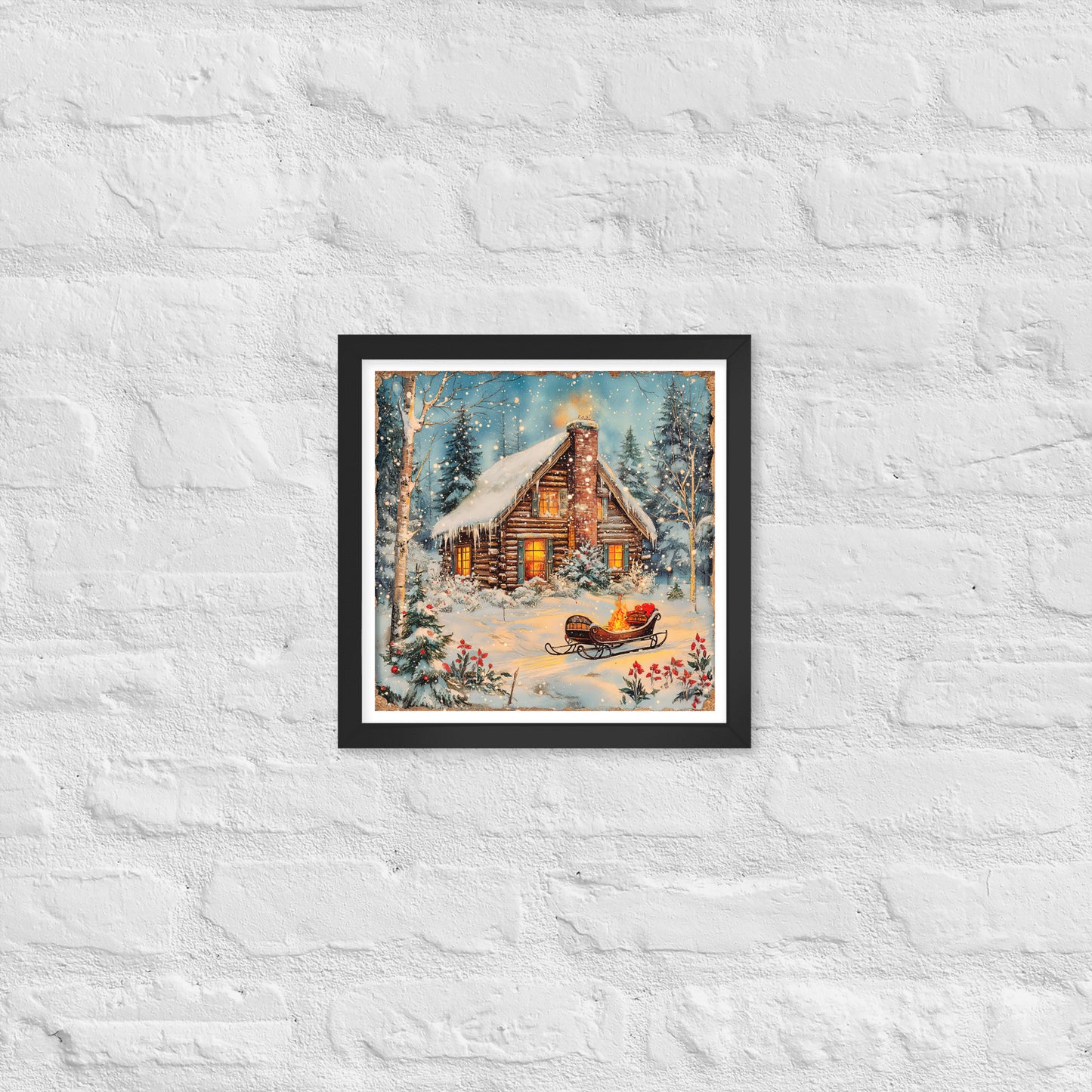 Vintage Christmas Cabin Style 5 Framed Poster In Black - Simple Designs LLC