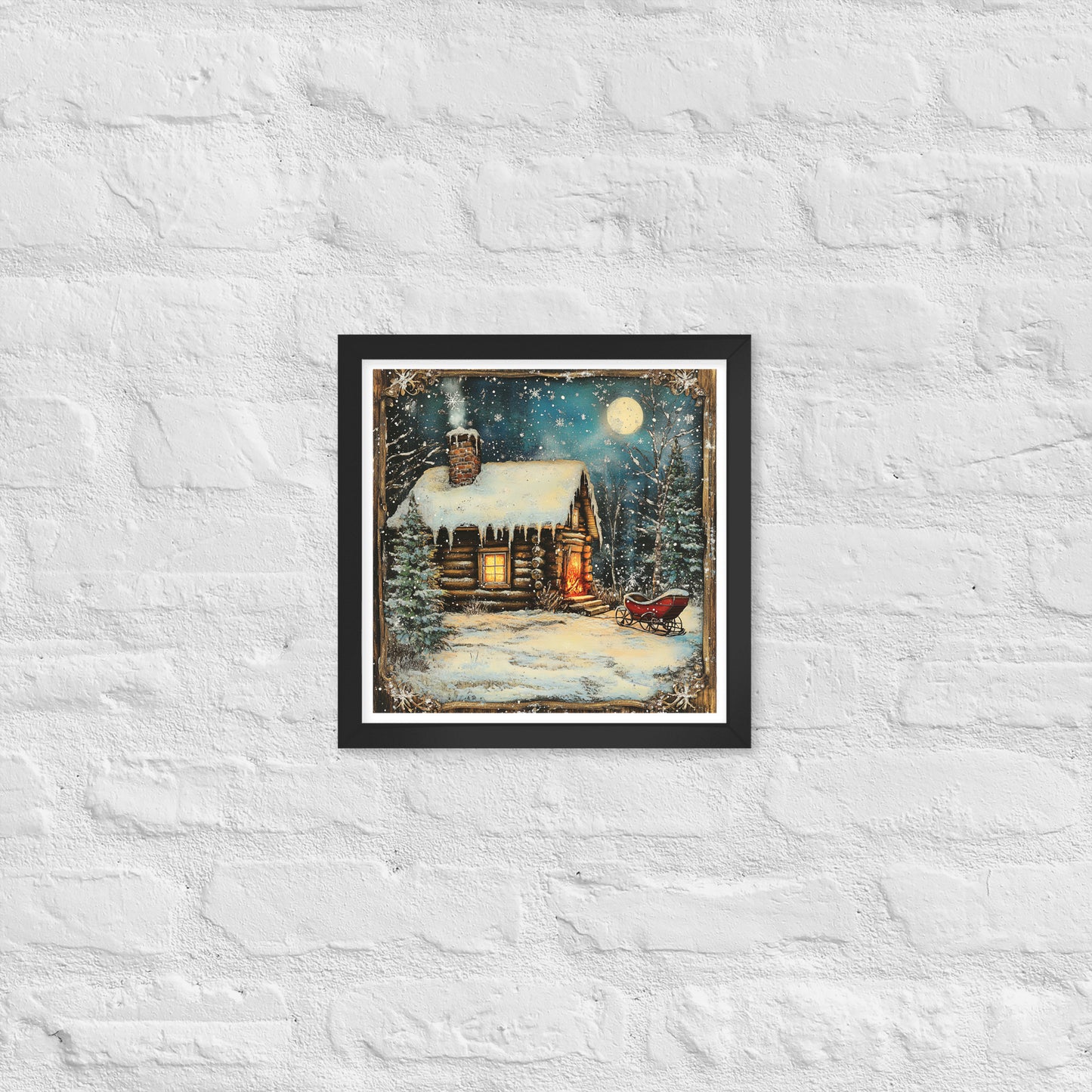 Vintage Christmas Cabin Style 2 Framed Poster In Black - Simple Designs LLC