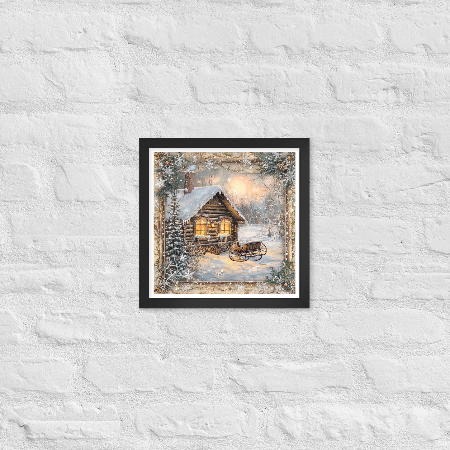 Vintage Christmas Cabin Style 1 Framed Poster In Black - Simple Designs LLC