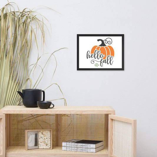 Hello Fall Framed Poster With Autumn Design In Black Frame— Rustic Seasonal Wall Art From Simple Designs LLC.
