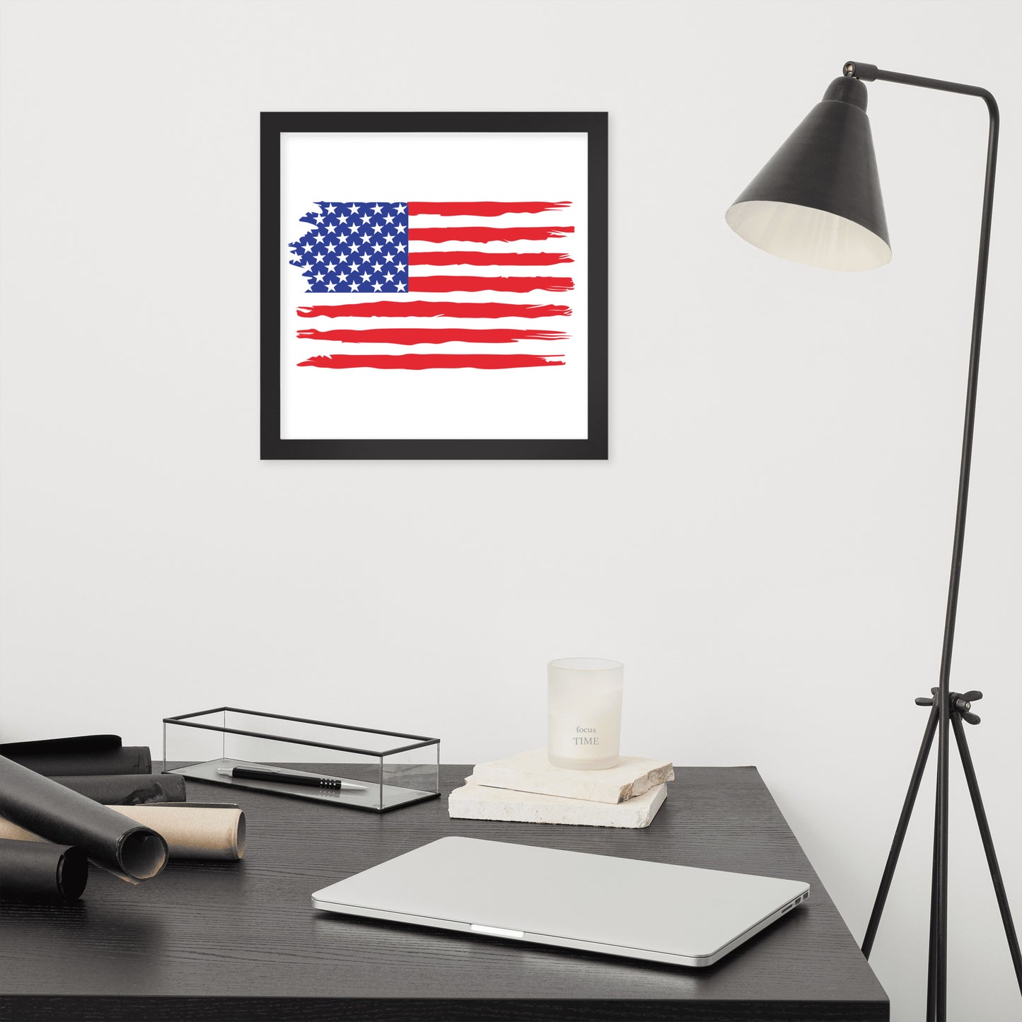 American Flag Style 1 framed poster by Simple Designs LLC featuring a patriotic USA flag design in a matte black wood frame.