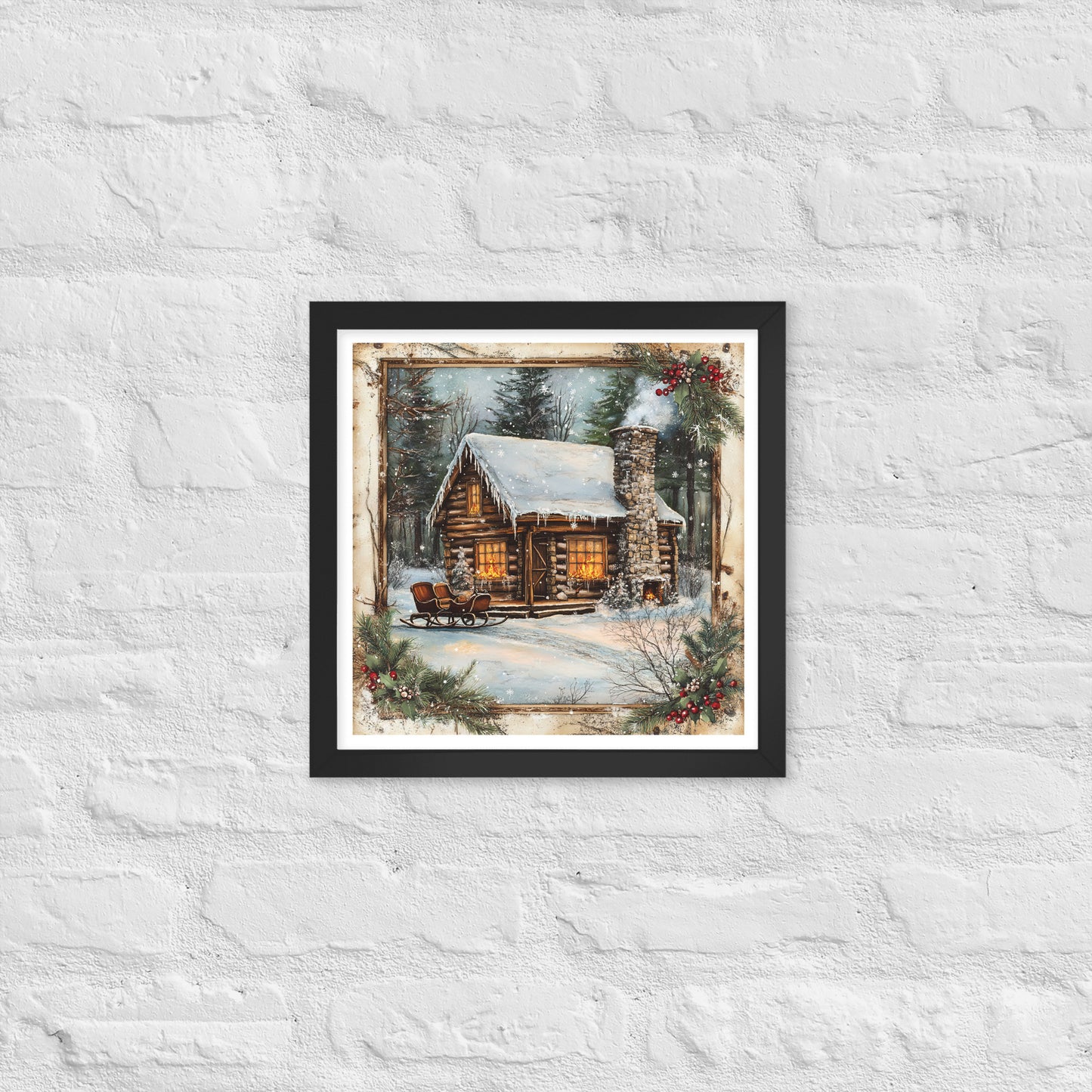 Vintage Christmas Cabin Style 9 Framed Poster In Black - Simple Designs LLC