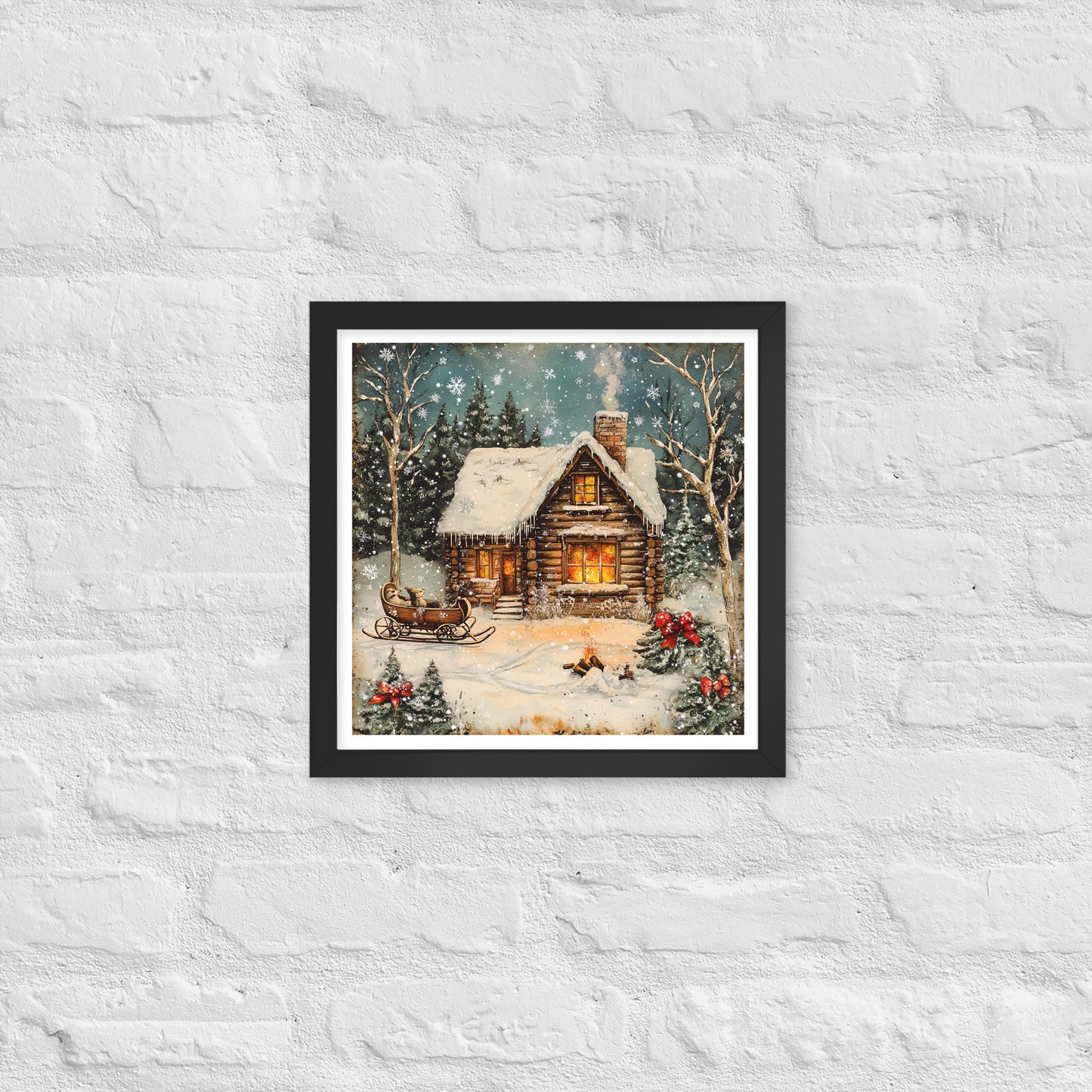 Vintage Christmas Cabin Style 8 Framed Poster In Black - Simple Designs LLC