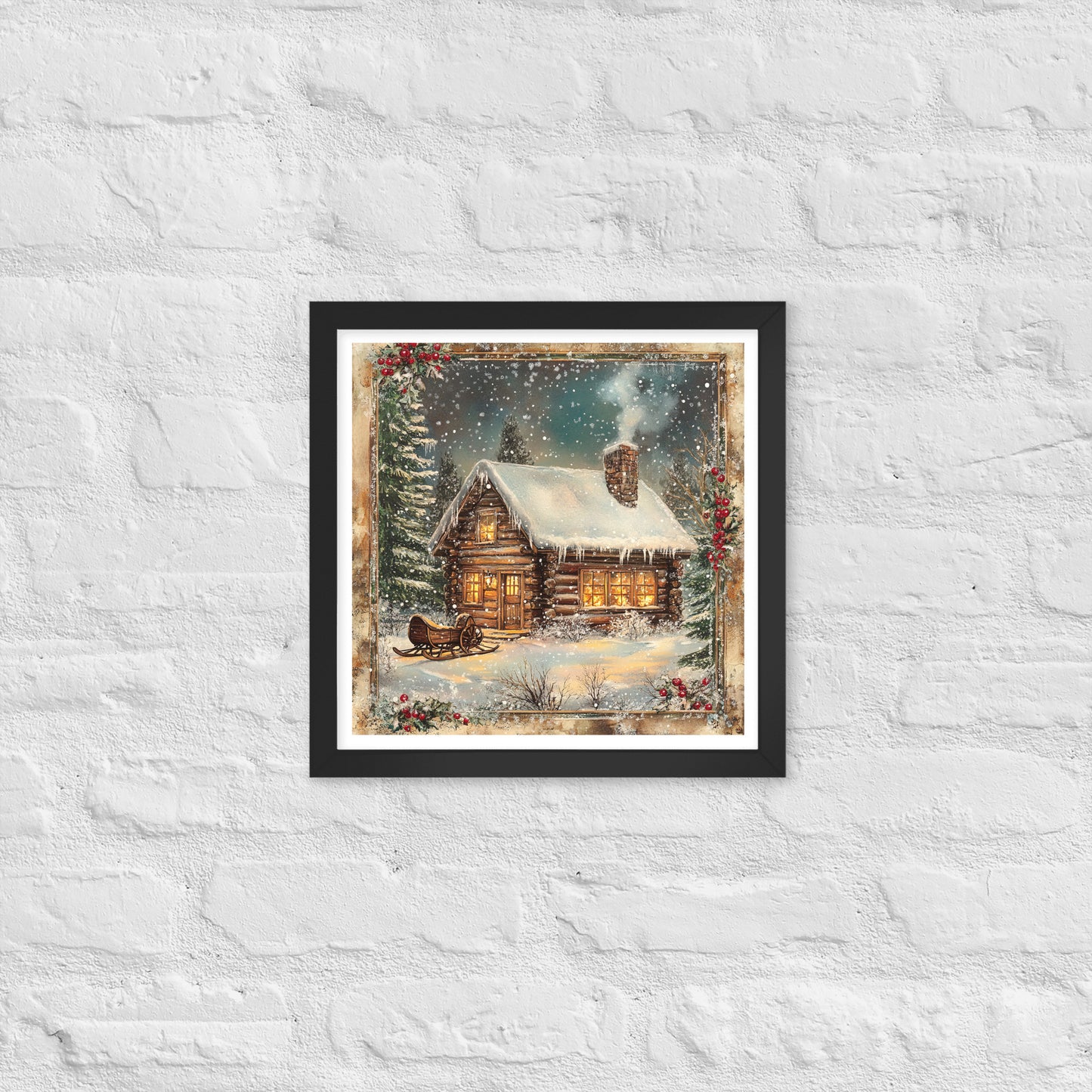 Vintage Christmas Cabin Style 6 Framed Poster In Black - Simple Designs LLC