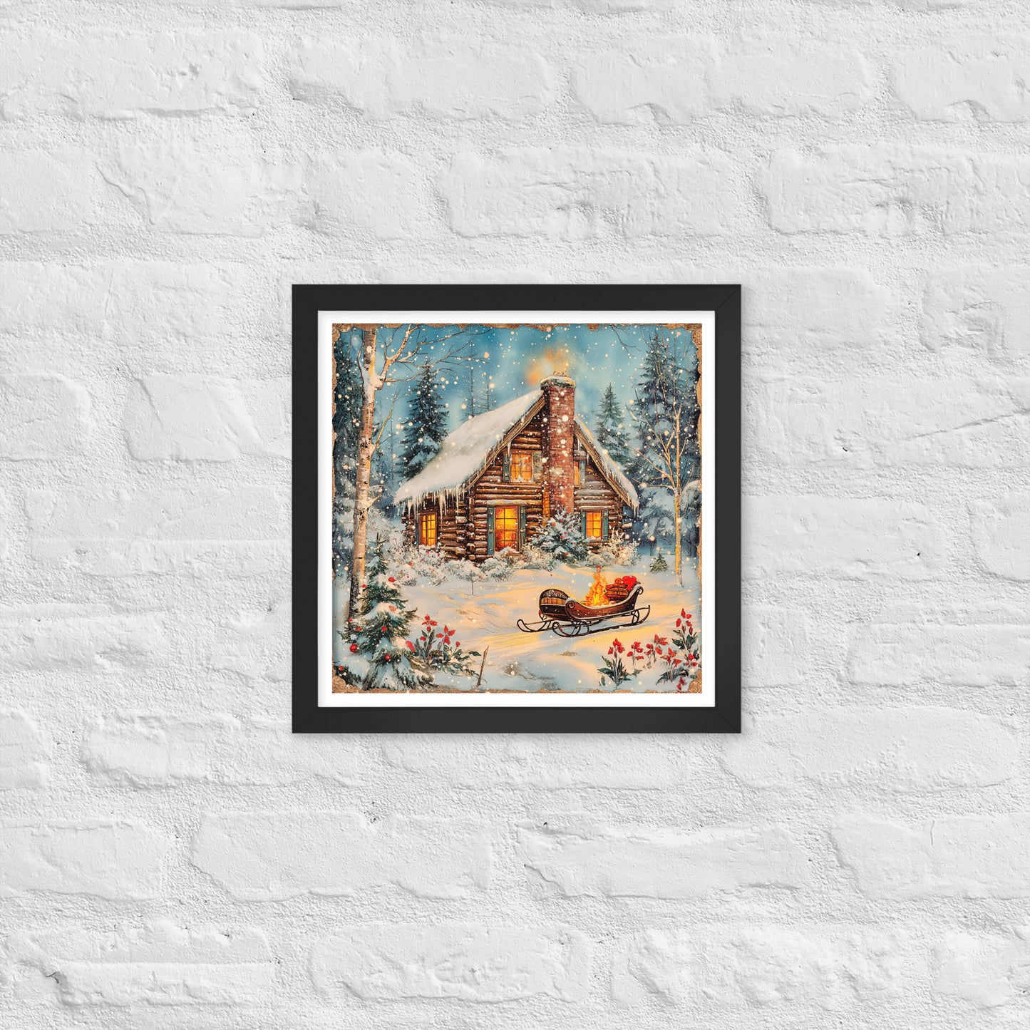 Vintage Christmas Cabin Style 5 Framed Poster In Black - Simple Designs LLC