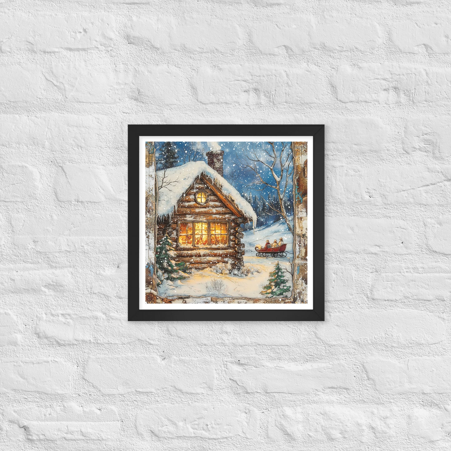 Vintage Christmas Cabin Style 4 Framed Poster In Black - Simple Designs LLC