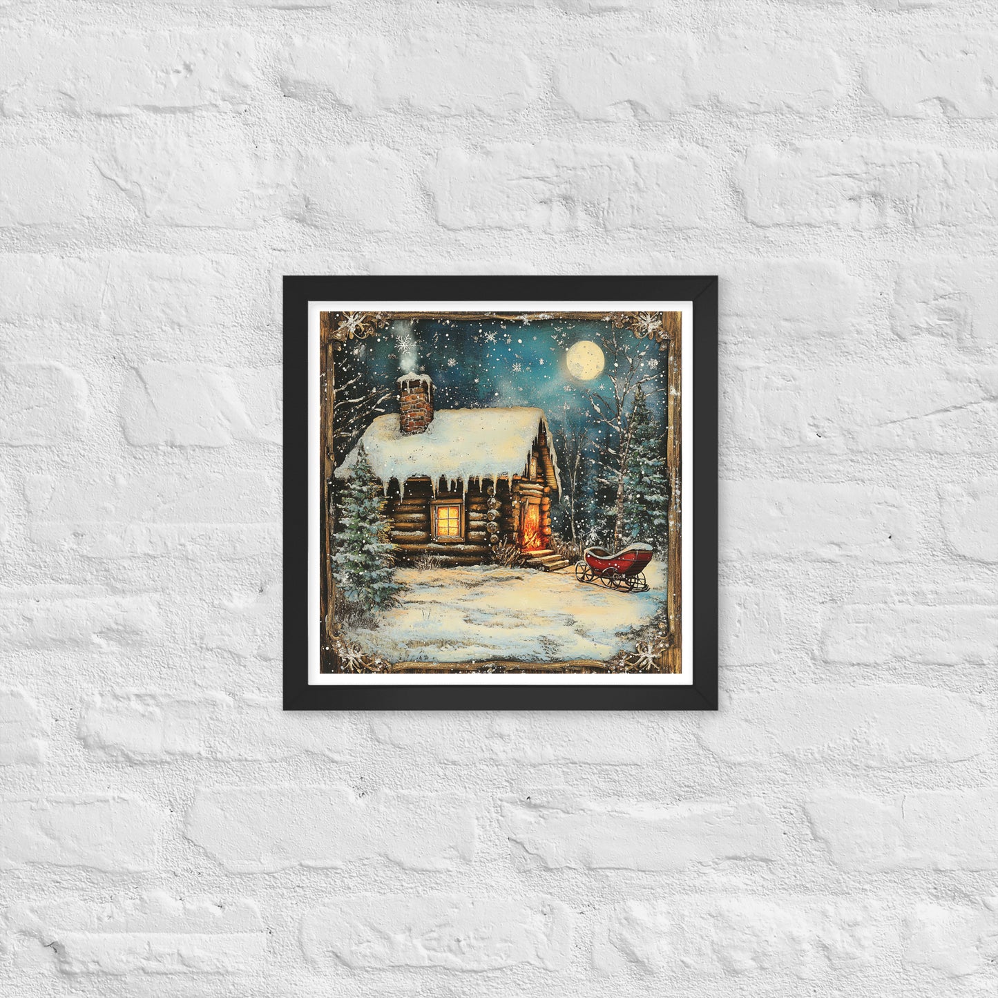 Vintage Christmas Cabin Style 2 Framed Poster In Black - Simple Designs LLC
