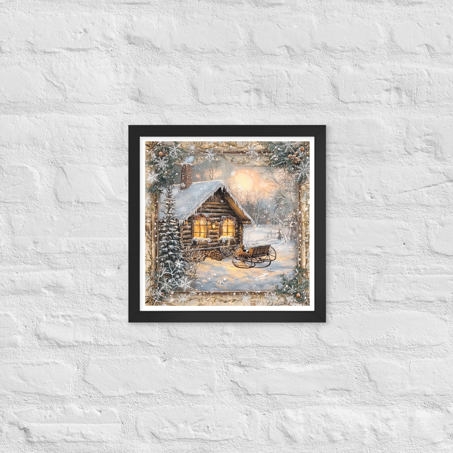 Vintage Christmas Cabin Style 1 Framed Poster In Black - Simple Designs LLC