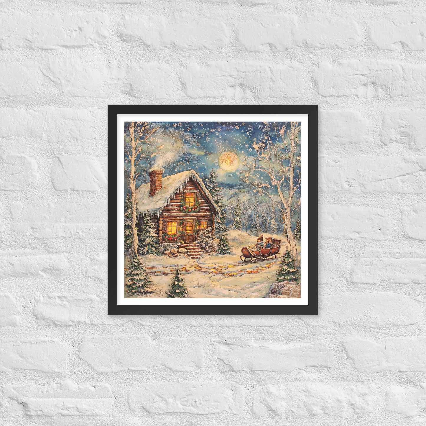 Vintage Christmas Cabin Style 7 Framed Poster In Black - Simple Designs LLC
