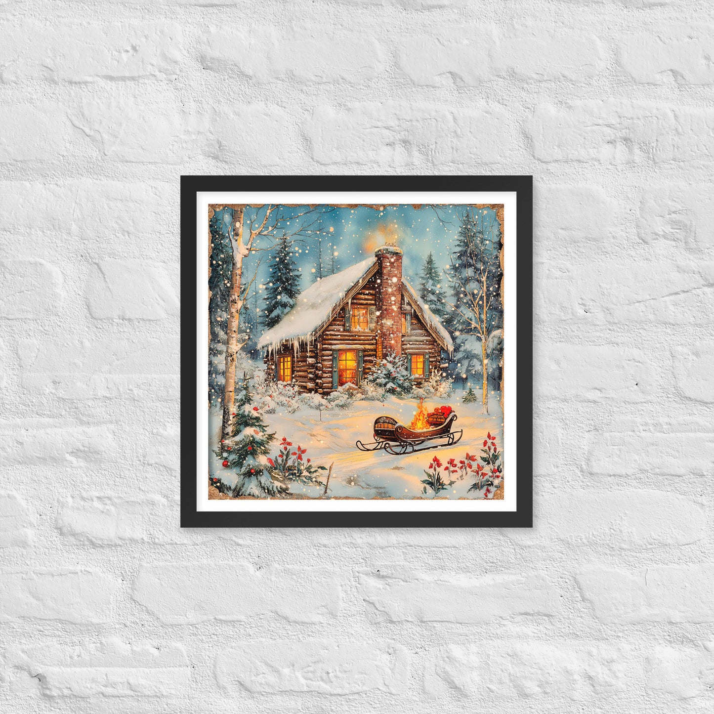 Vintage Christmas Cabin Style 5 Framed Poster In Black - Simple Designs LLC