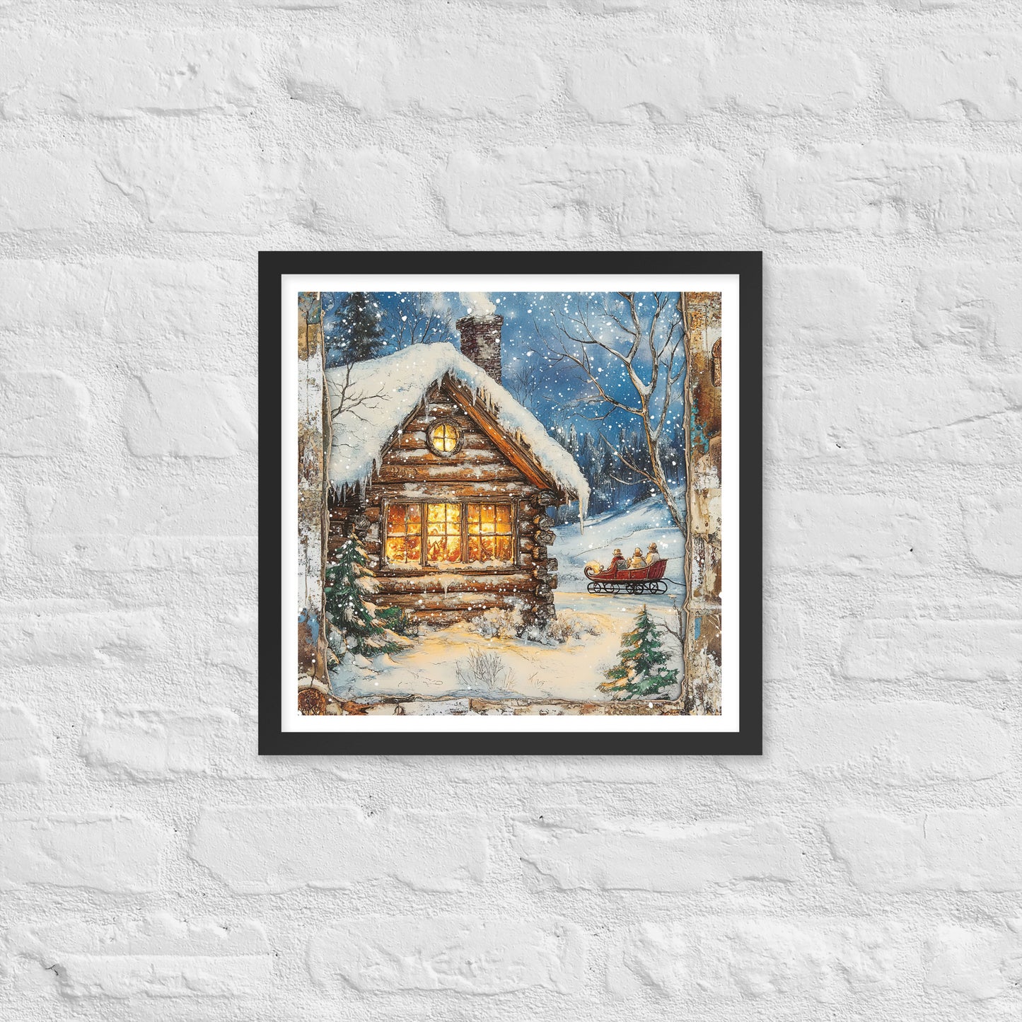 Vintage Christmas Cabin Style 4 Framed Poster In Black - Simple Designs LLC