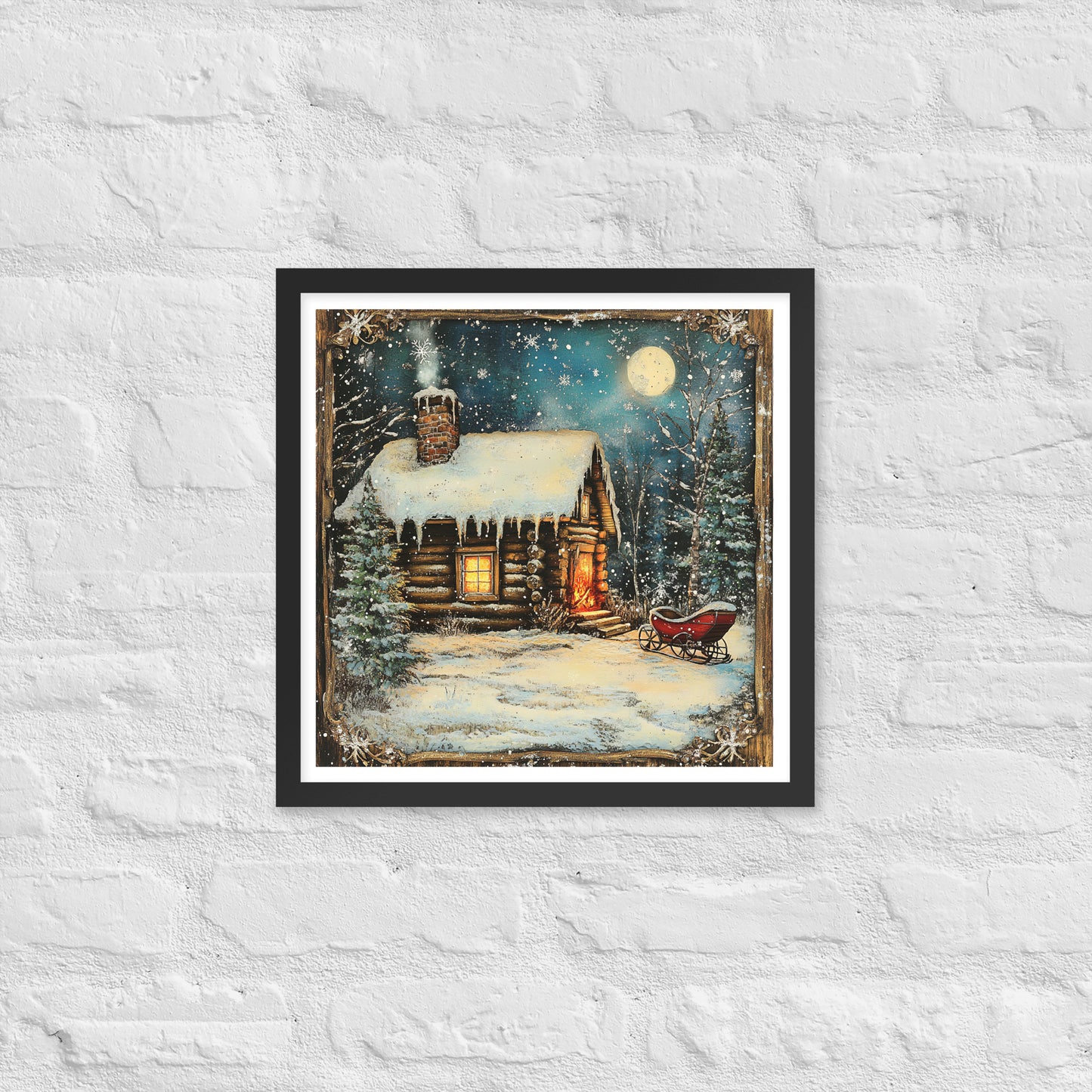 Vintage Christmas Cabin Style 2 Framed Poster In Black - Simple Designs LLC