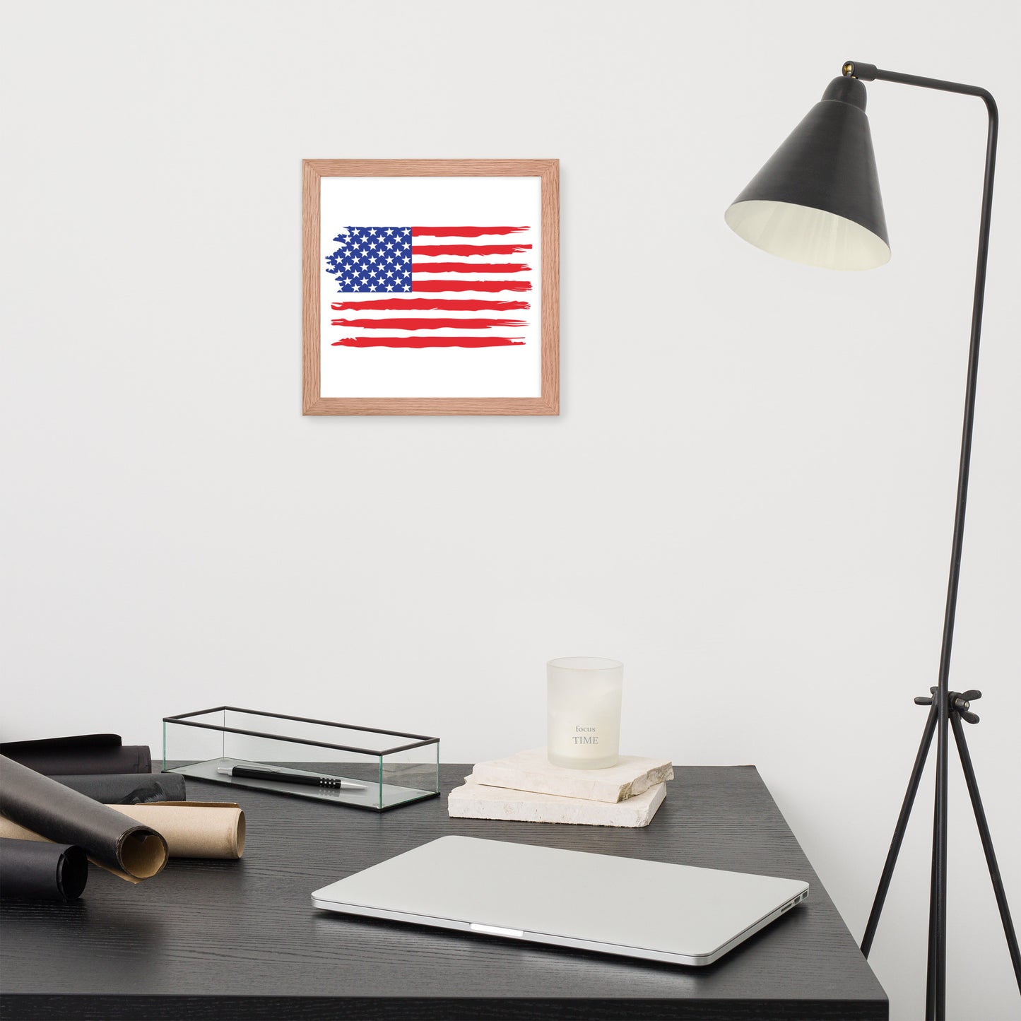 American Flag Style 1 framed poster by Simple Designs LLC featuring a patriotic USA flag design in a matte red oak wood frame.