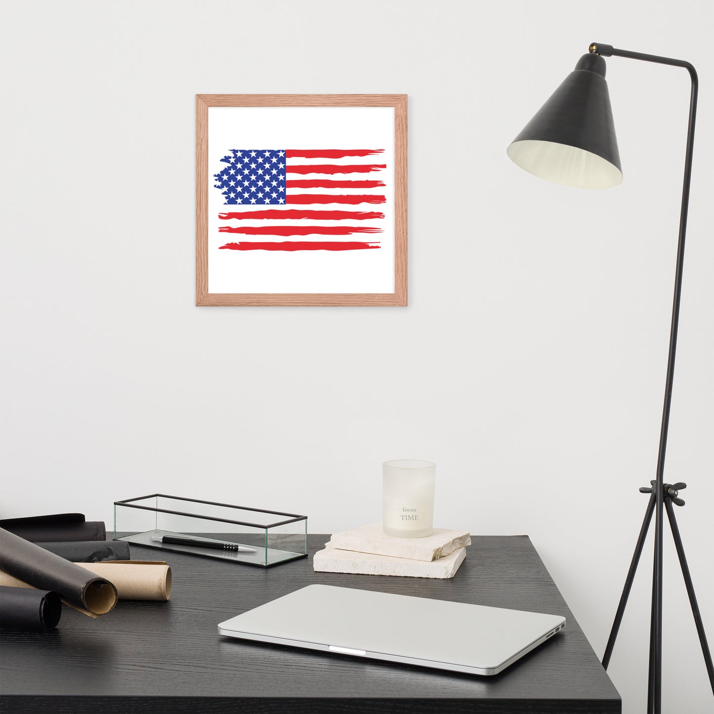 American Flag Style 1 framed poster by Simple Designs LLC featuring a patriotic USA flag design in a matte red oak wood frame.