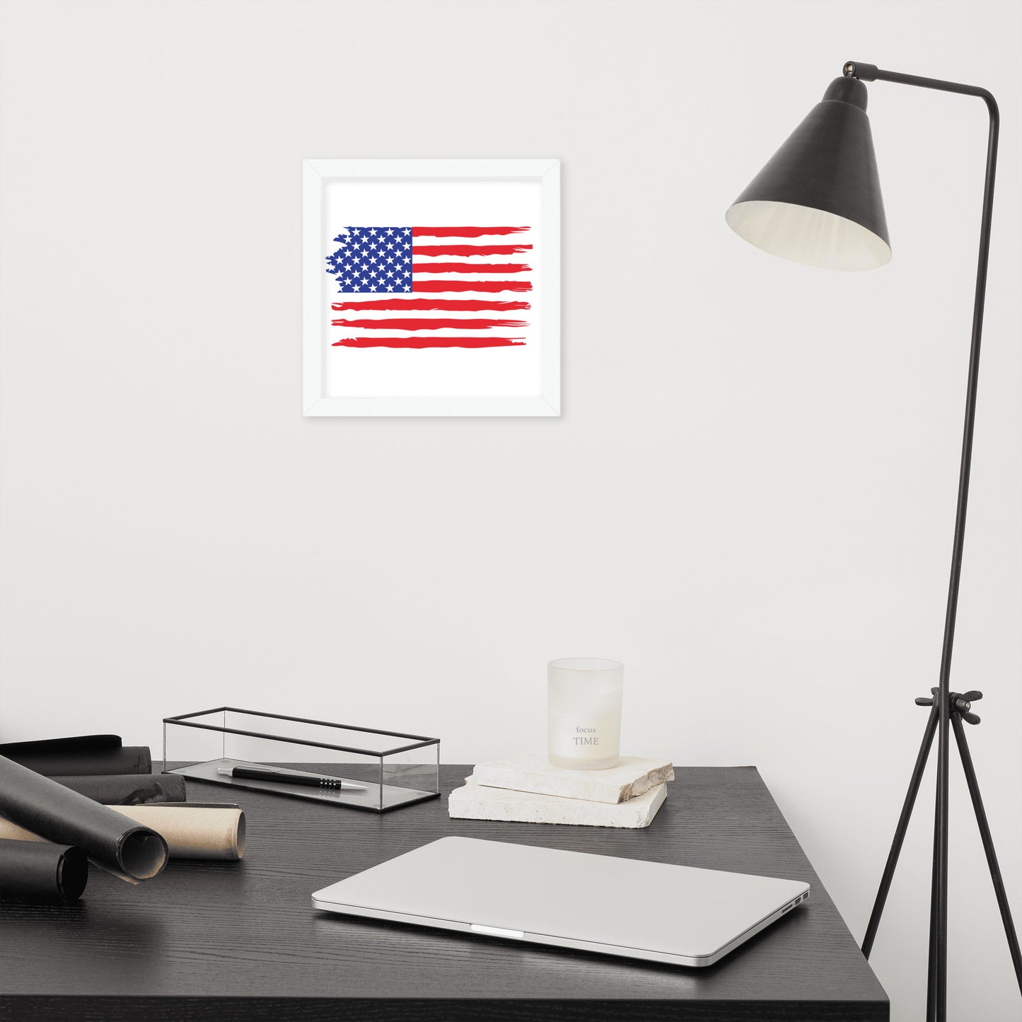 American Flag Style 1 framed poster by Simple Designs LLC featuring a patriotic USA flag design in a matte white wood frame.