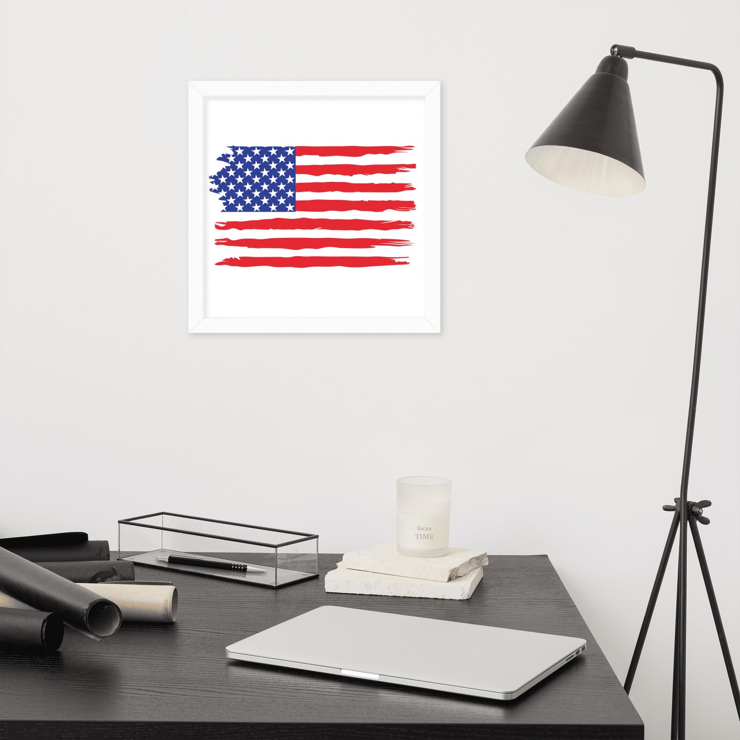 American Flag Style 1 framed poster by Simple Designs LLC featuring a patriotic USA flag design in a matte white wood frame.