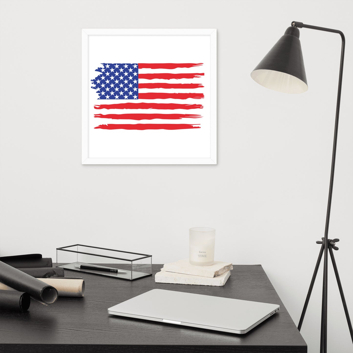 American Flag Style 1 framed poster by Simple Designs LLC featuring a patriotic USA flag design in a matte white wood frame.