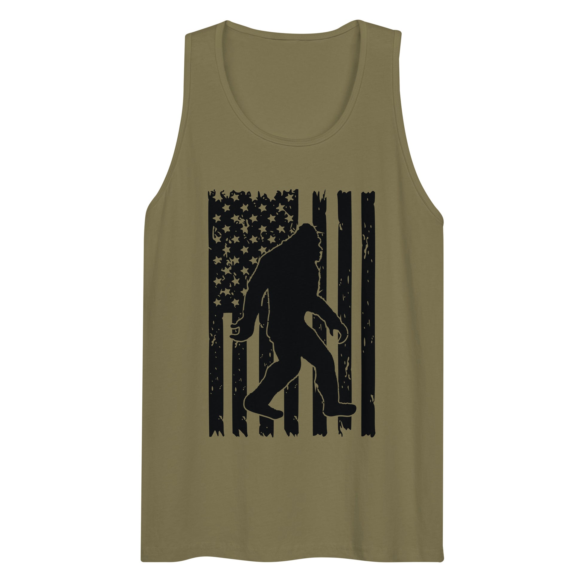 Bigfoot American Flag Men’s Premium Tank Top Military Green Front - Simple Designs LLC