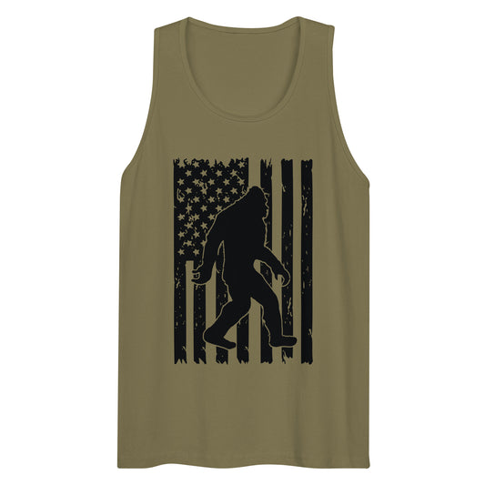 Bigfoot American Flag Men’s Premium Tank Top Military Green Front - Simple Designs LLC