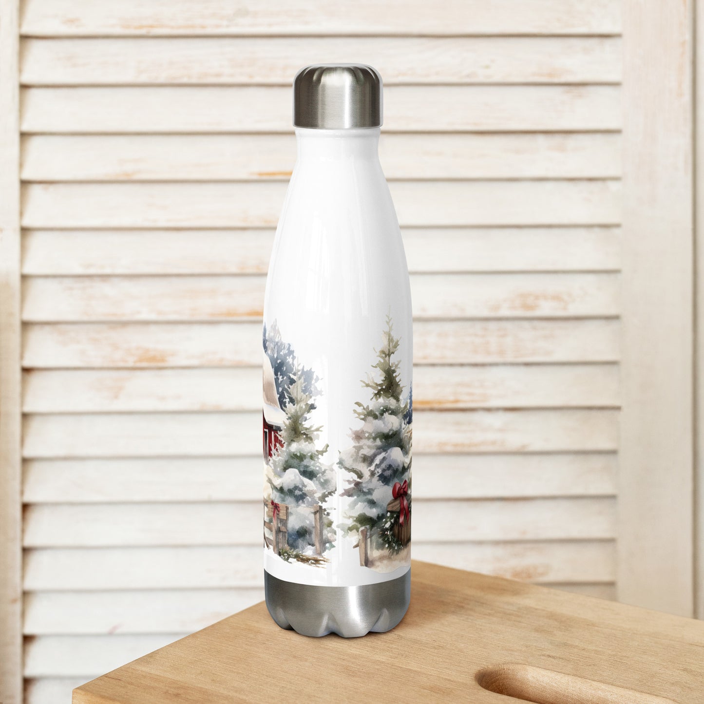 Winter Farm Scene Stainless Steel Water Bottle Back - Simple Designs LLC