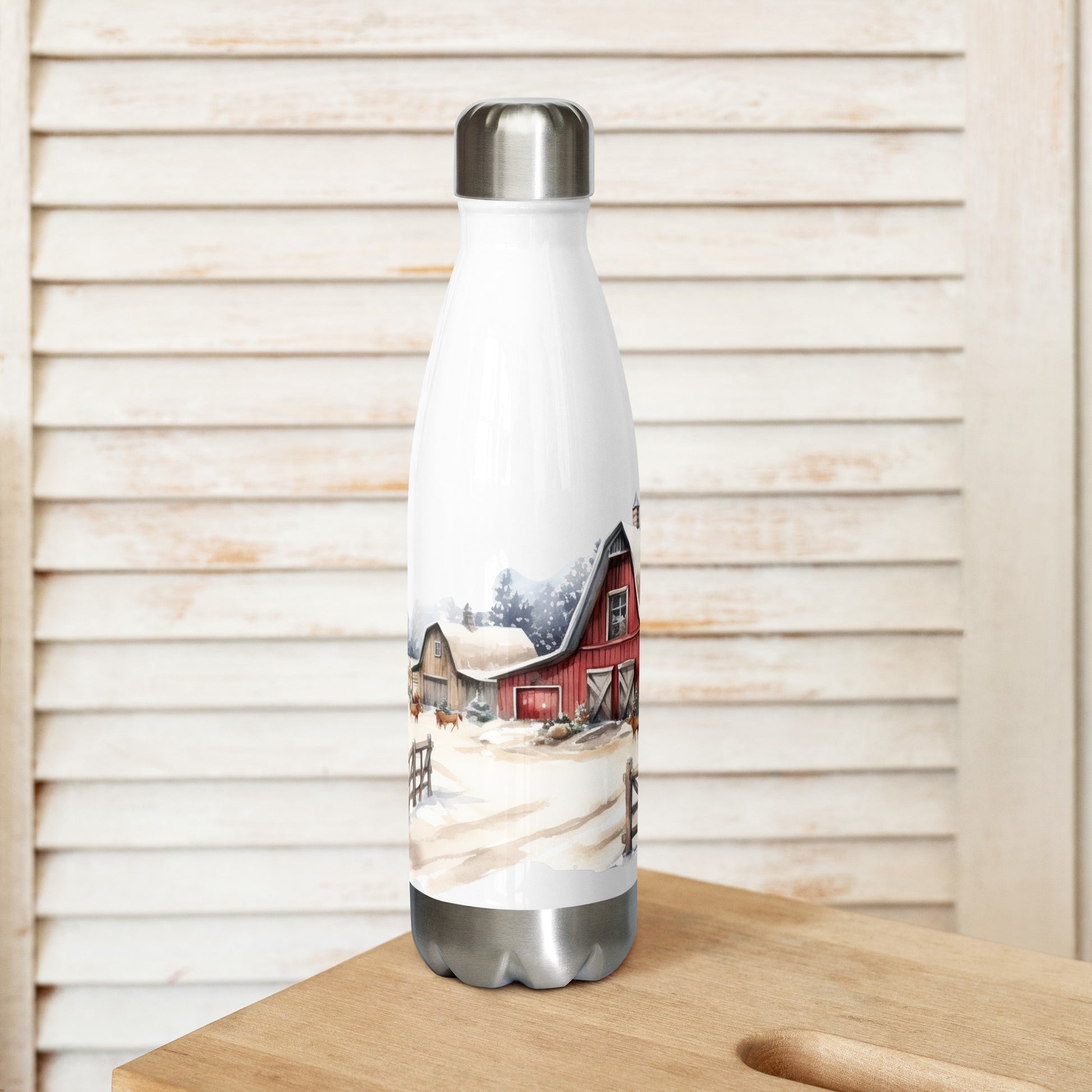 Winter Farm Scene Stainless Steel Water Bottle Front - Simple Designs LLC