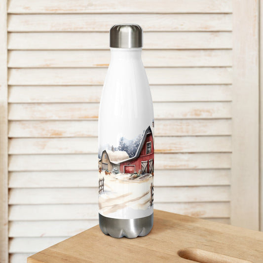 Winter Farm Scene Stainless Steel Water Bottle Front - Simple Designs LLC