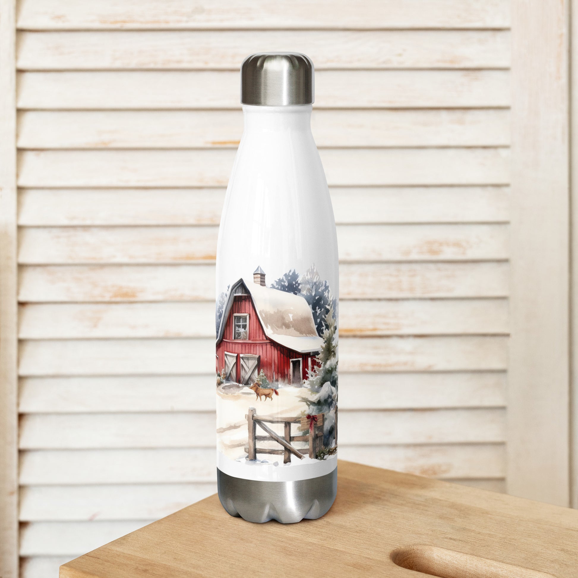 Winter Farm Scene Stainless Steel Water Bottle Left - Simple Designs LLC